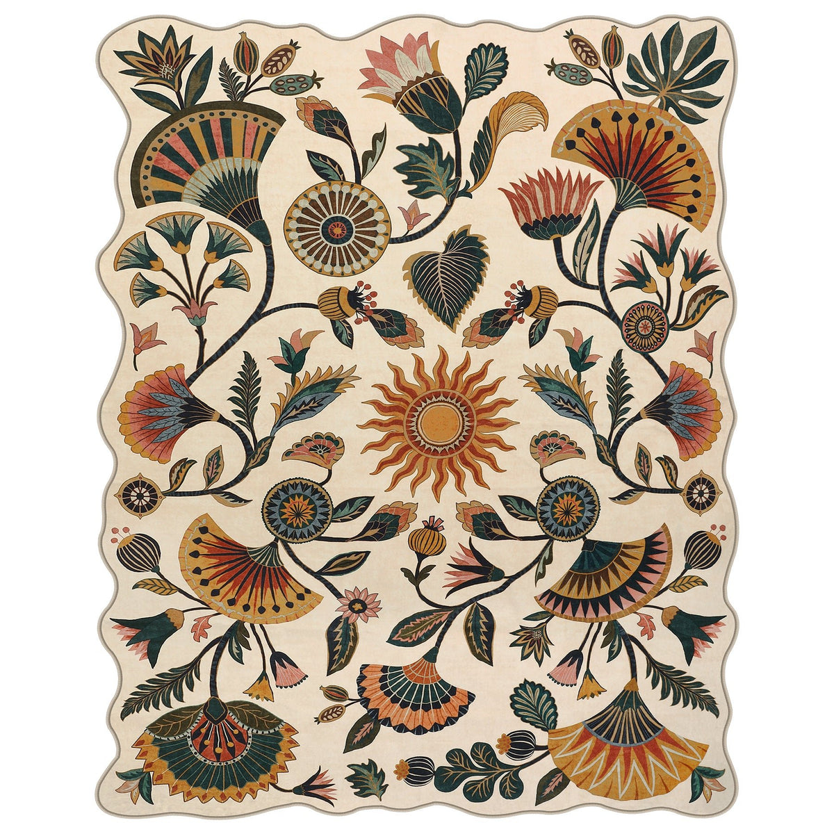 Boho Floral Washable Area Rug, Non-Slip Rug for Living Room Bedroom, Boho Floral Carpet