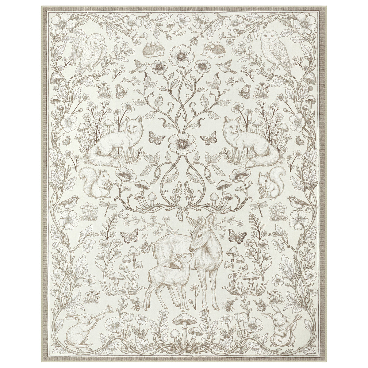 Whimsical Woodland Botanical Area Rug, Soft Low Pile Washable Non Slip Indoor Carpet