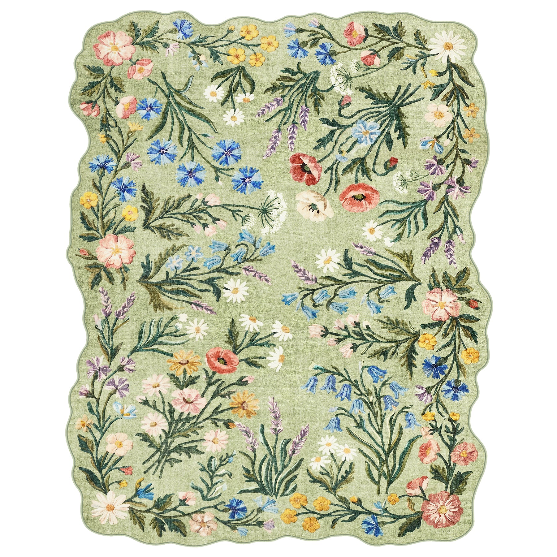 5x7/8x10 Floral Area Rug, Machine Washable Faux Wool, Non-Slip Scalloped Botanical Carpet