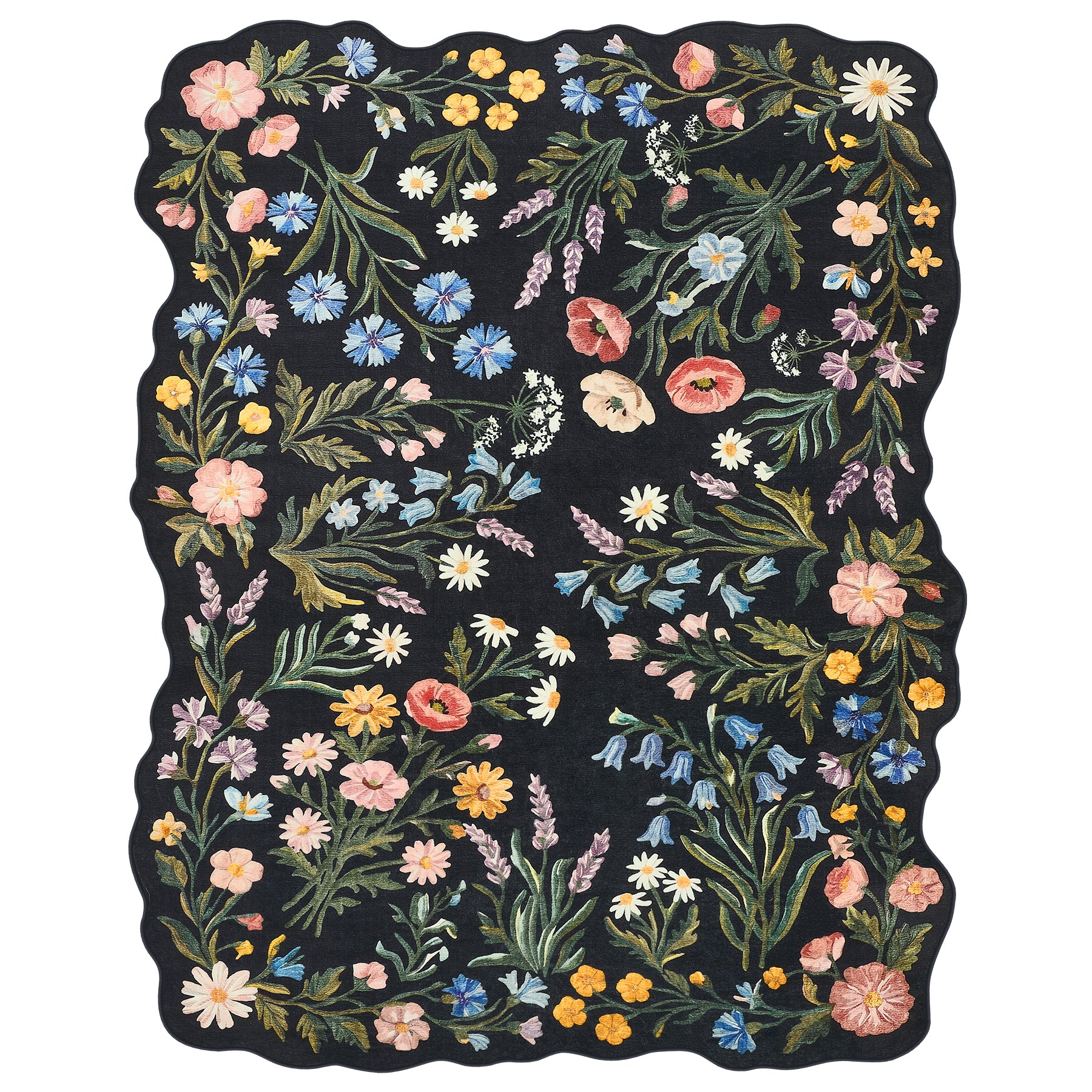 5x7/8x10 Floral Area Rug, Machine Washable Faux Wool, Non-Slip Scalloped Botanical Carpet