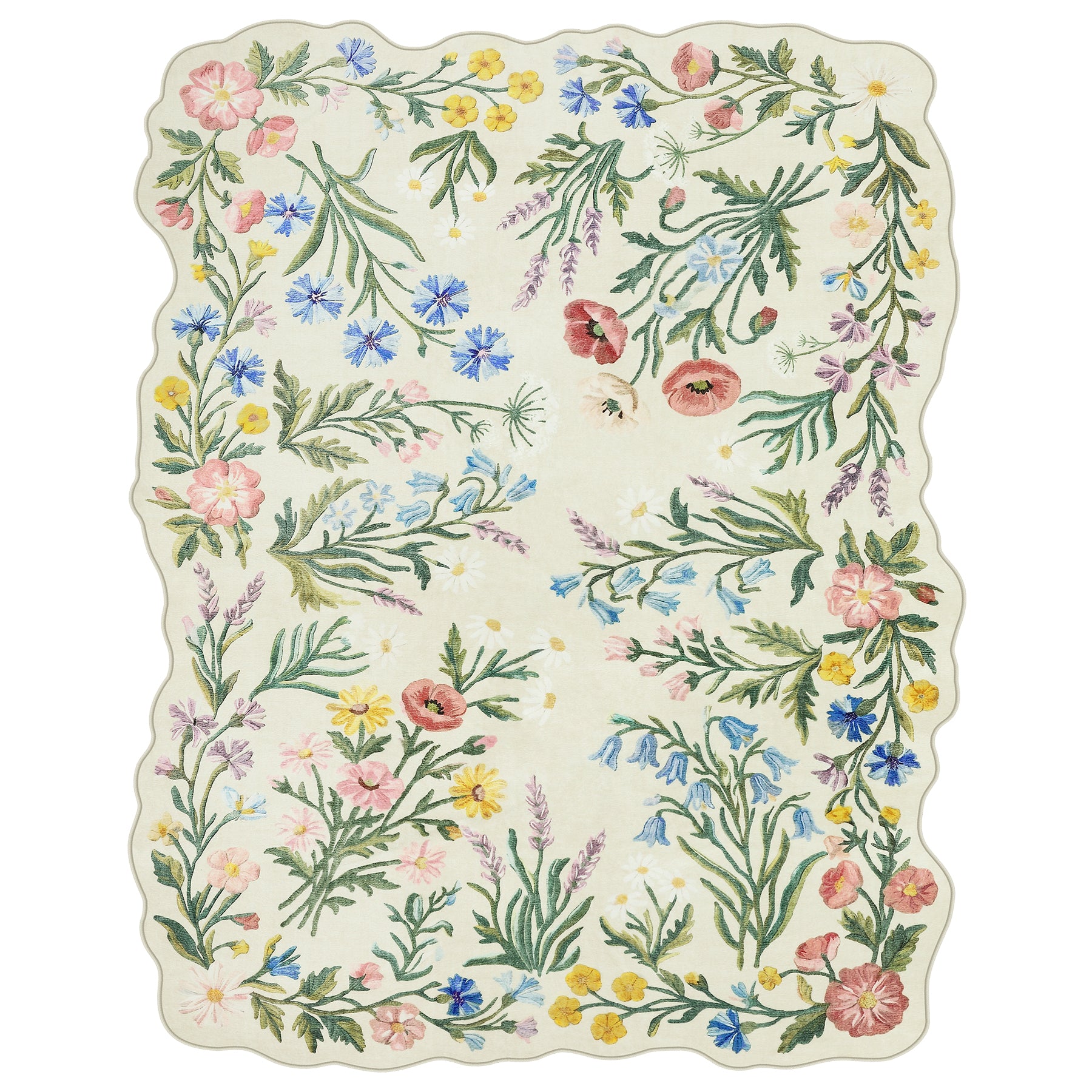 5x7/8x10 Floral Area Rug, Machine Washable Faux Wool, Non-Slip Scalloped Botanical Carpet