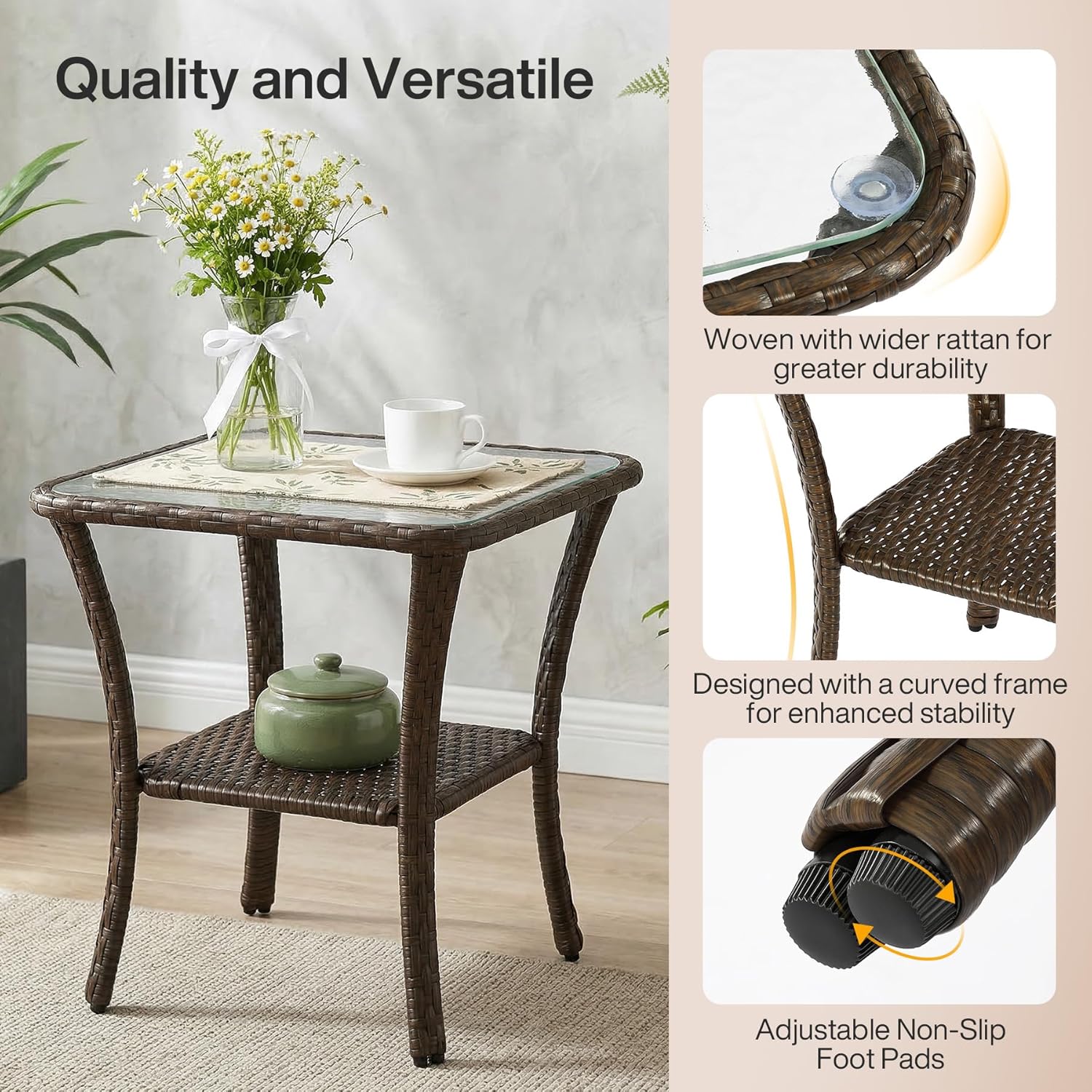 Outdoor Side Table, Rattan Wicker Table with Tempered Glass Top