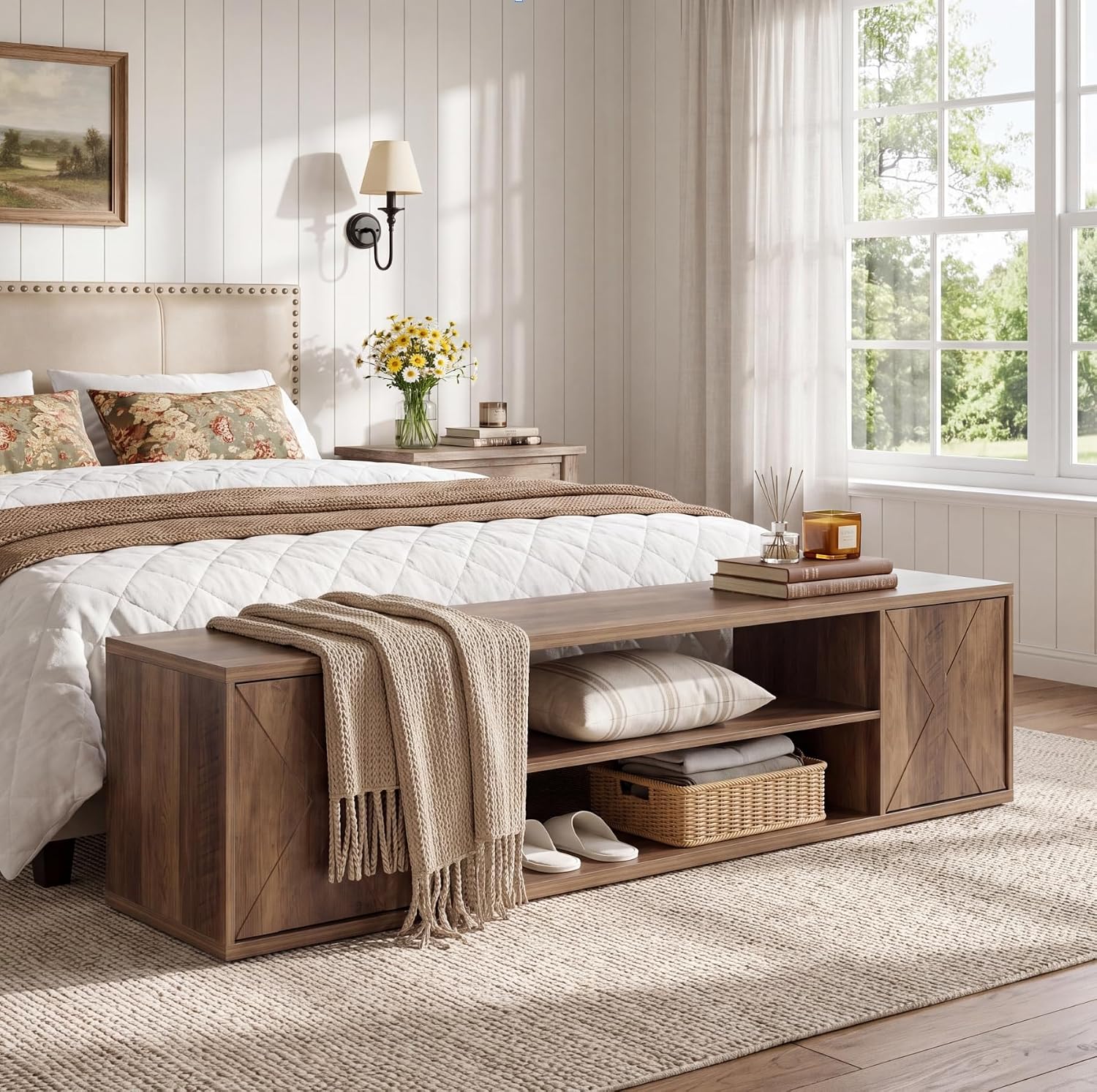 63" End of Bed Bench, 3-Tier Shoe Storage Bench with Cabinets