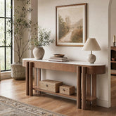 63" Console Sofa Tables, Modern 2-Tier Entryway Table with Faux Marble Tabletop and Drawer 3