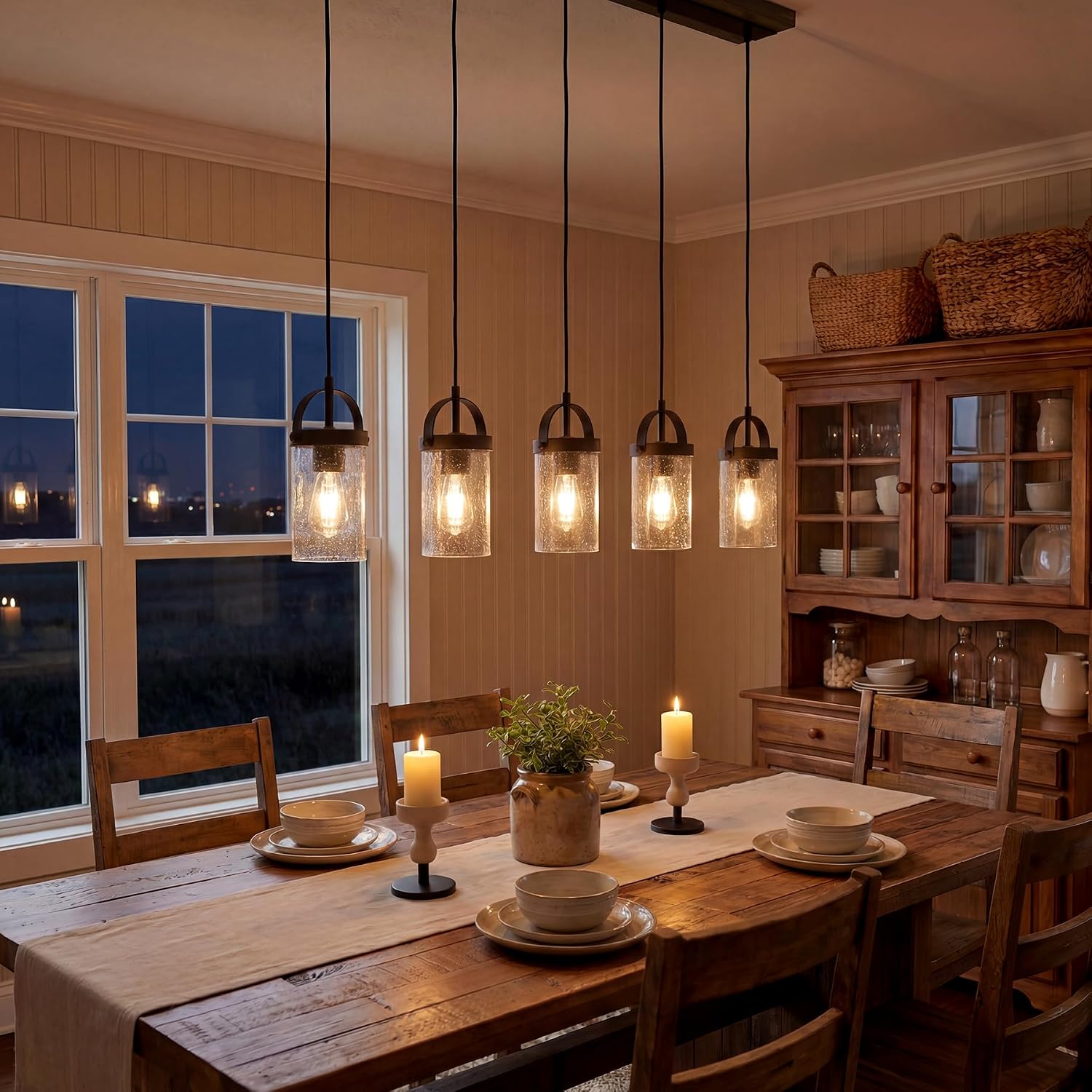 5-Light Linear Chandelier, Kitchen Island Lighting Fixture with Seeded Glass Shades, E26 Socket