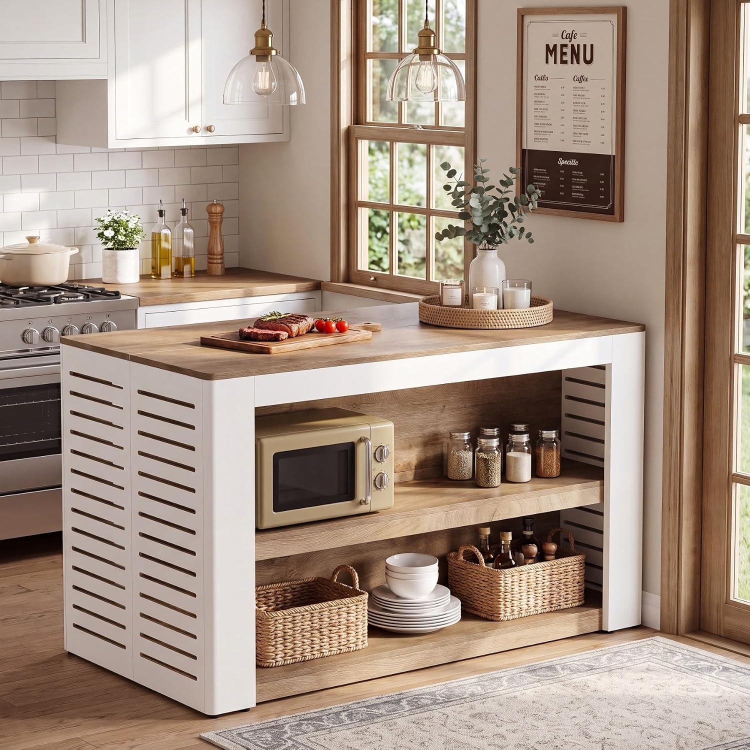 55" Farmhouse Kitchen Island, 3-Tier Wooden Stationary Island Table for Kitchen
