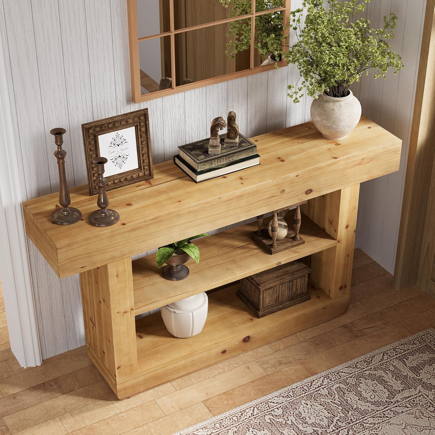 63" Solid Wood Console Table, 3-Tier Sofa Table with Storage for Entryway