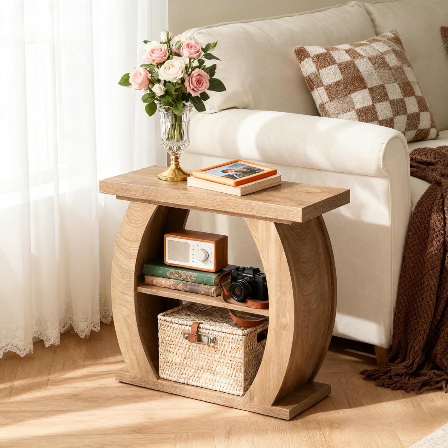 Narrow End Table, 2-Tier Farmhouse Side Table with Curved Frame