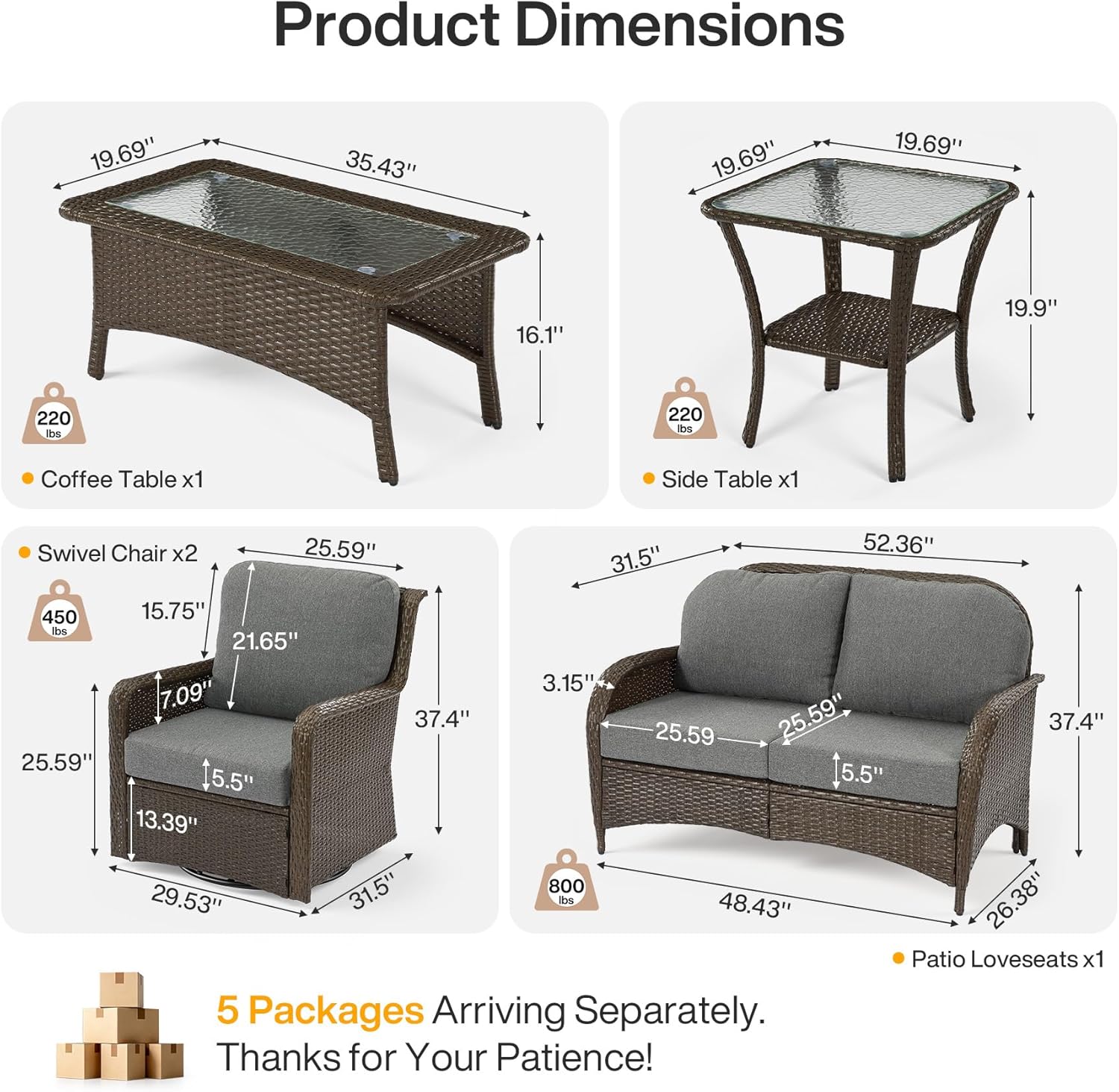 5-Piece Wicker Patio Furniture Set, Outdoor PE Rattan Conversation Set for Backyard