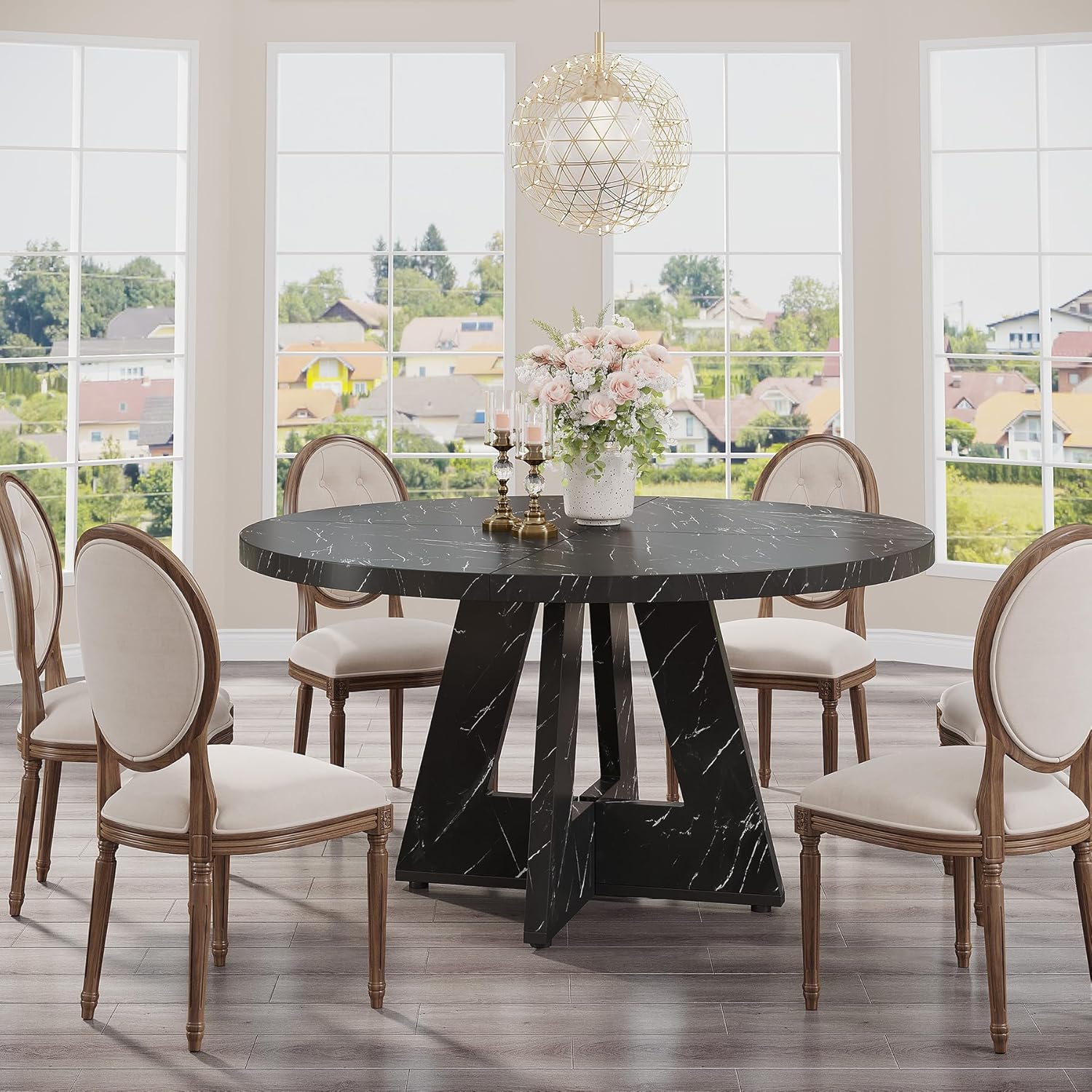 47-Inch Round Farmhouse Dining Table for 4–6 with Cross-Style Pedestal Base