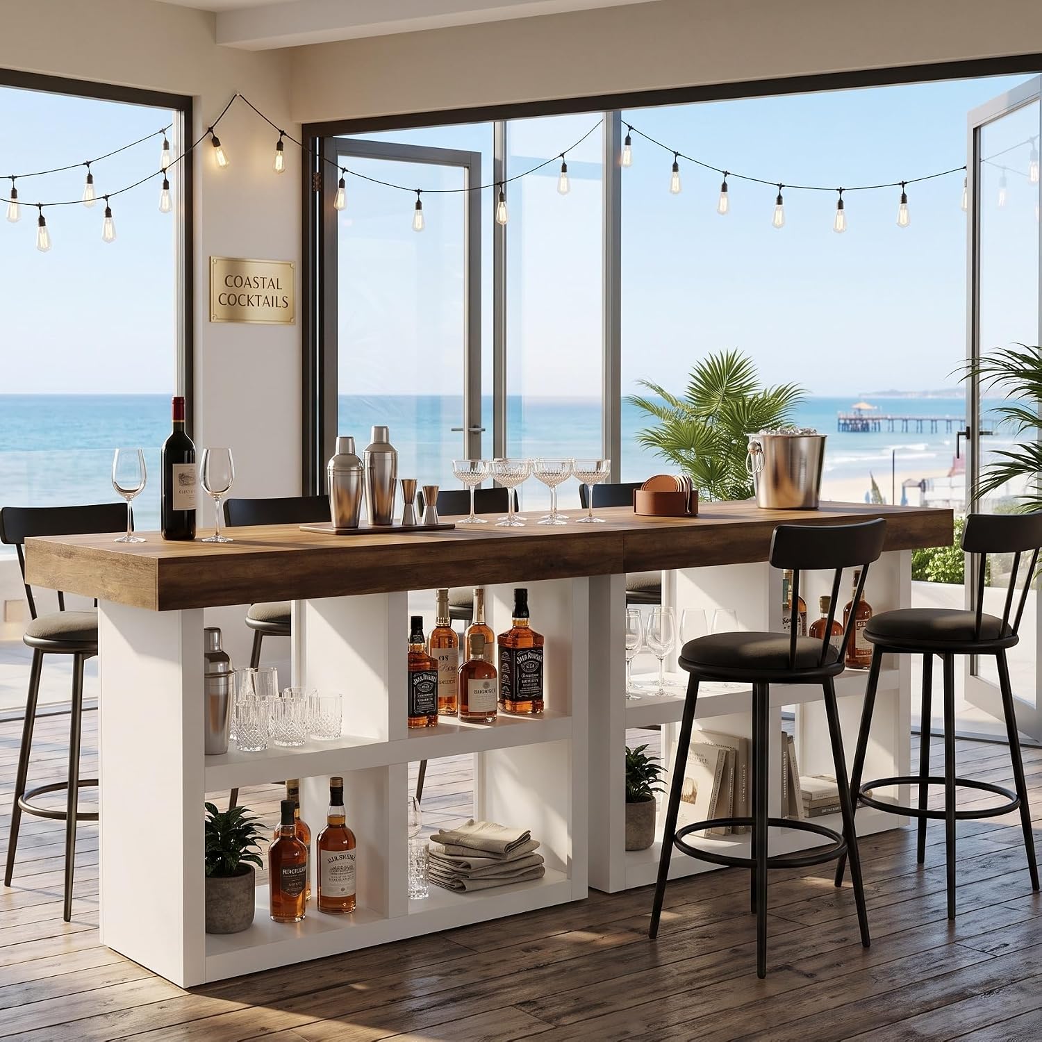 55" Counter Height Bar Table, 4 Open Storage Cubbies, Island Bar Station, Kitchen