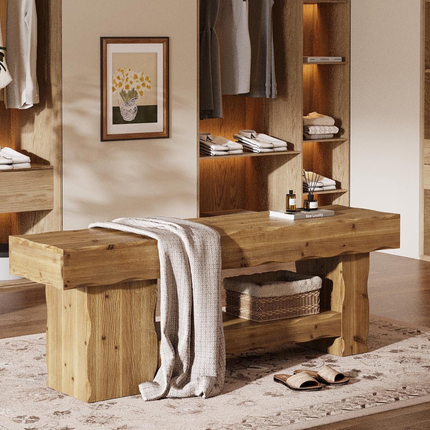 63" Solid Wood Dining Bench, Farmhouse Kitchen Table Bench with Storage Shelf