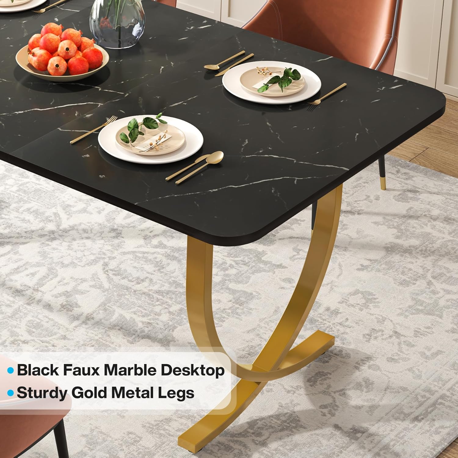 63" Modern Kitchen Table with Gold Metal Legs, Faux Marble Rectangular Dining Table