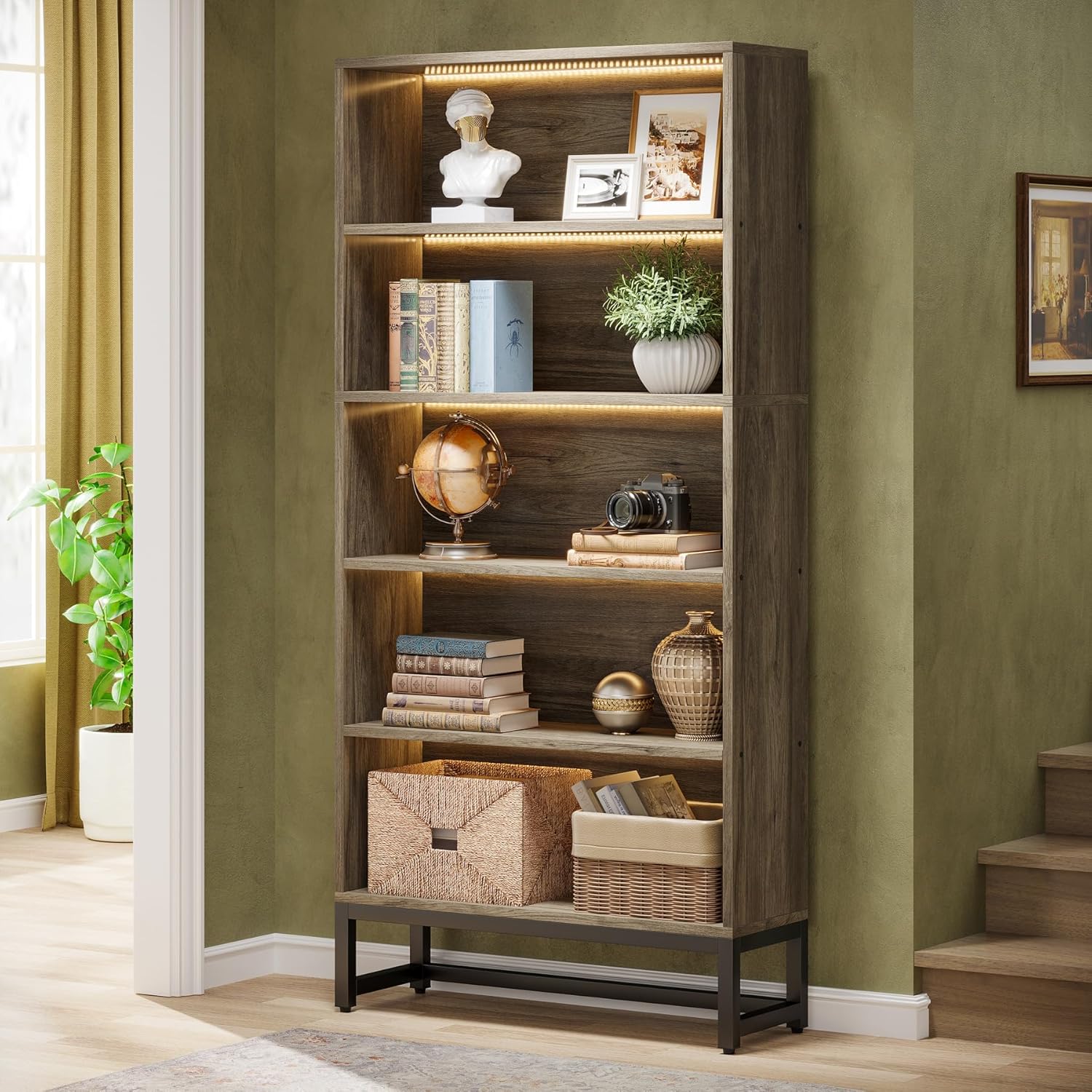 Tribesigns 70.8-Inch Tall Bookcase with LED Lights, 5-Tier Black