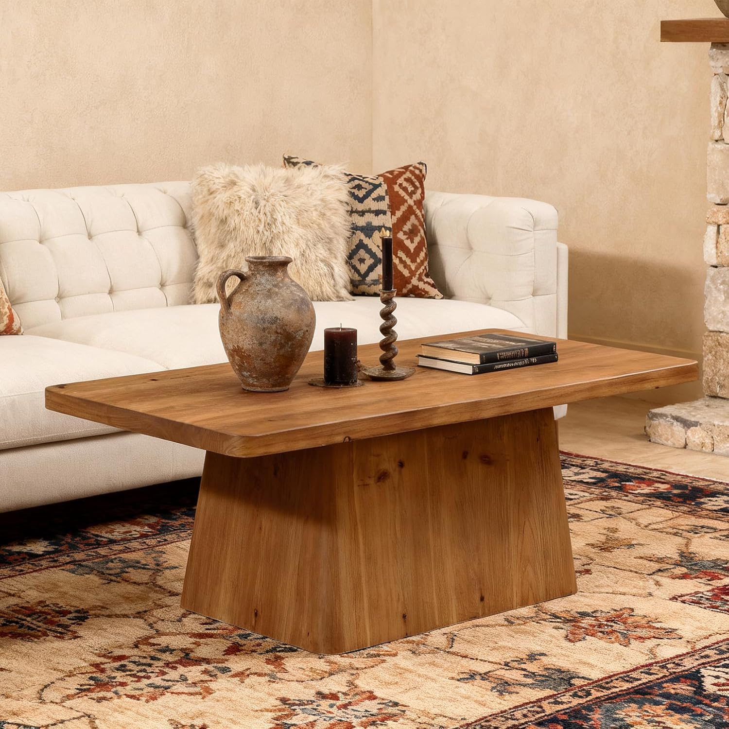 47" Wood Coffee Table, Farmhouse Center Table Tea Table with Sturdy Pedestal