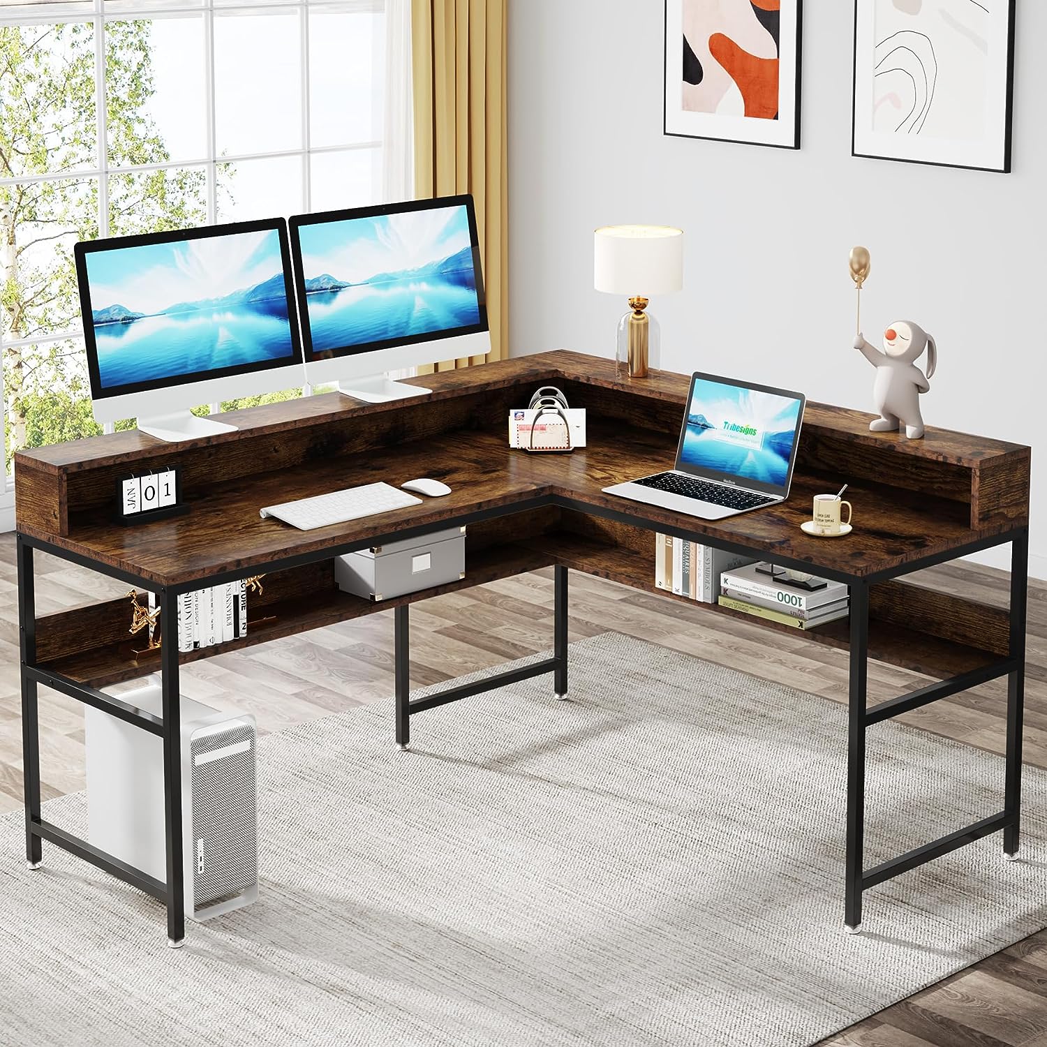 69 Inch L Shaped Desk with Storage Shelf