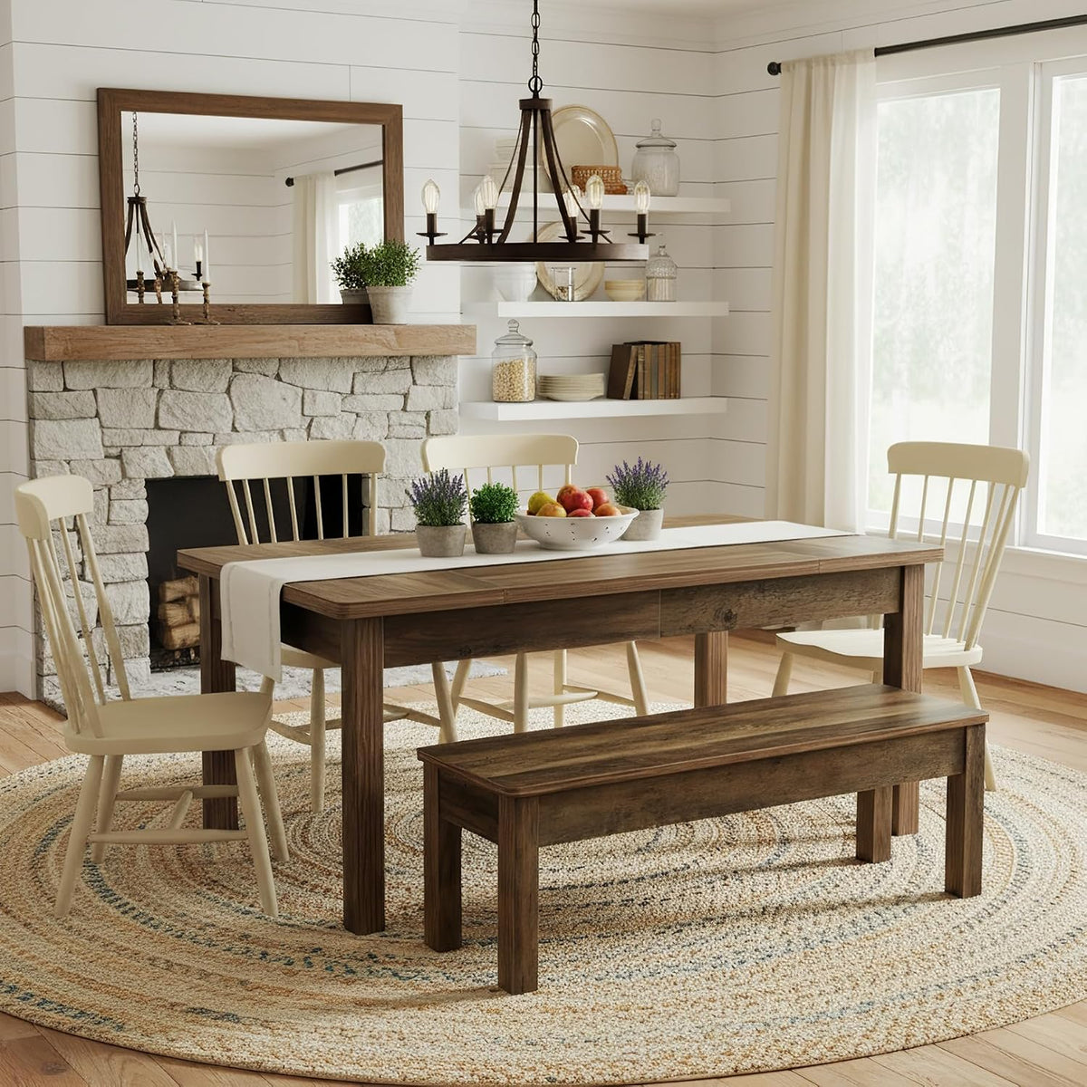 55" Farmhouse Kitchen Table Set for 4–6 People, 3 Piece Space Saving Dining Table with 2 Benches