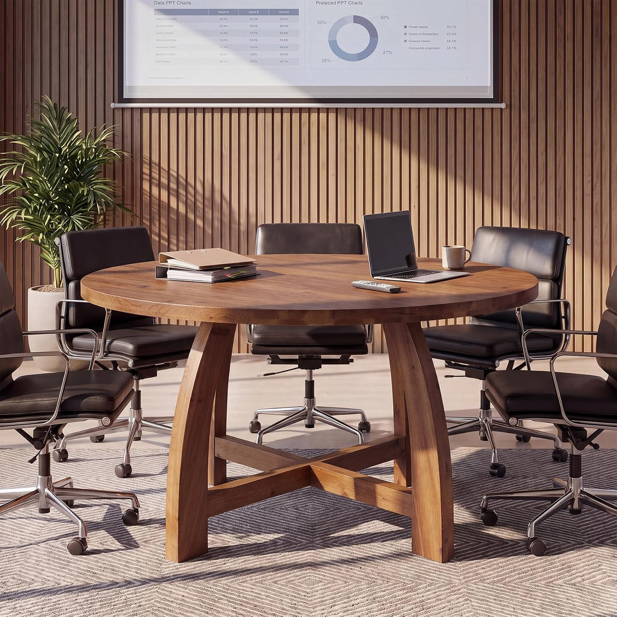 47" Solid Wood Conference Table for 4-6, Round Meeting Table with Cross-Shaped Base