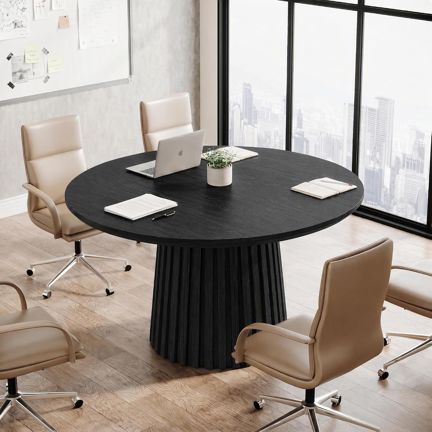 Solid Wood Round Conference Table for 4-6 People, Fluted Base Meeting Table for Office