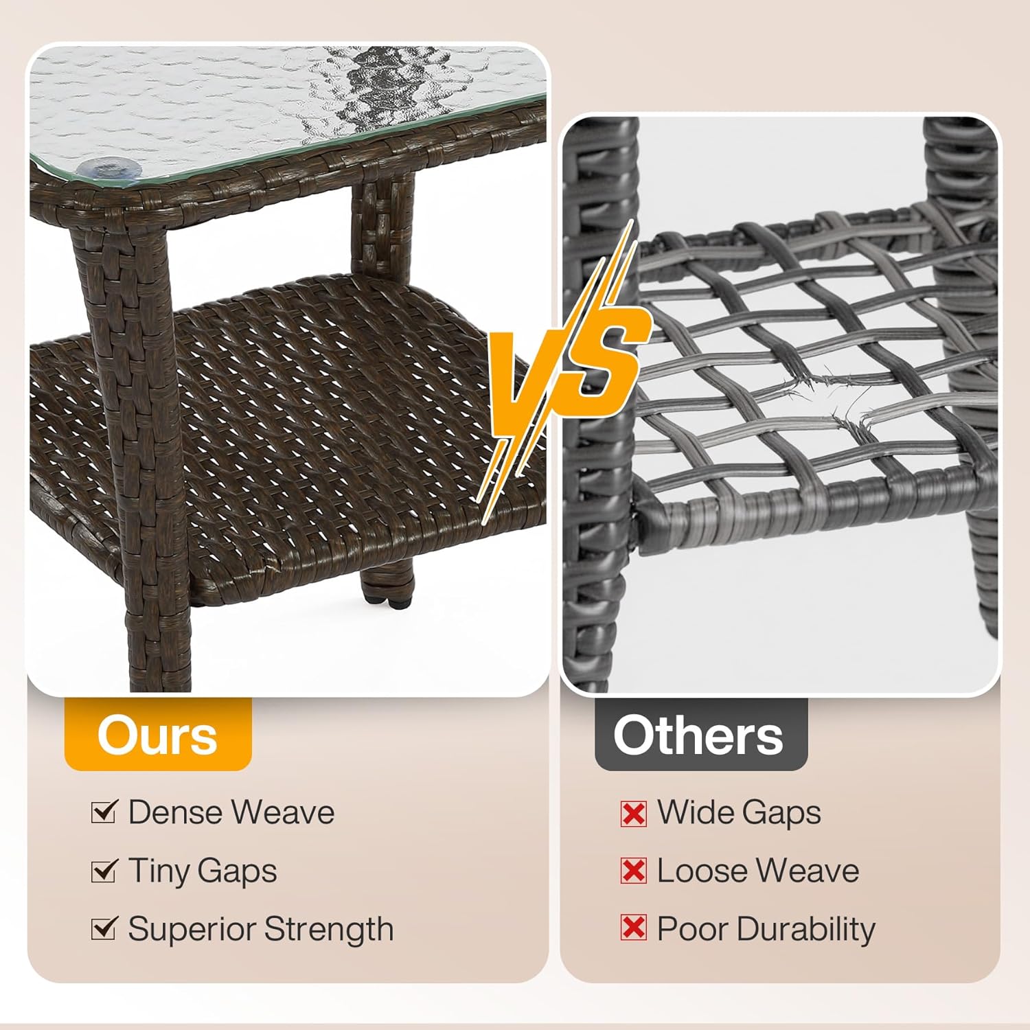 Outdoor Side Table, Rattan Wicker Table with Tempered Glass Top