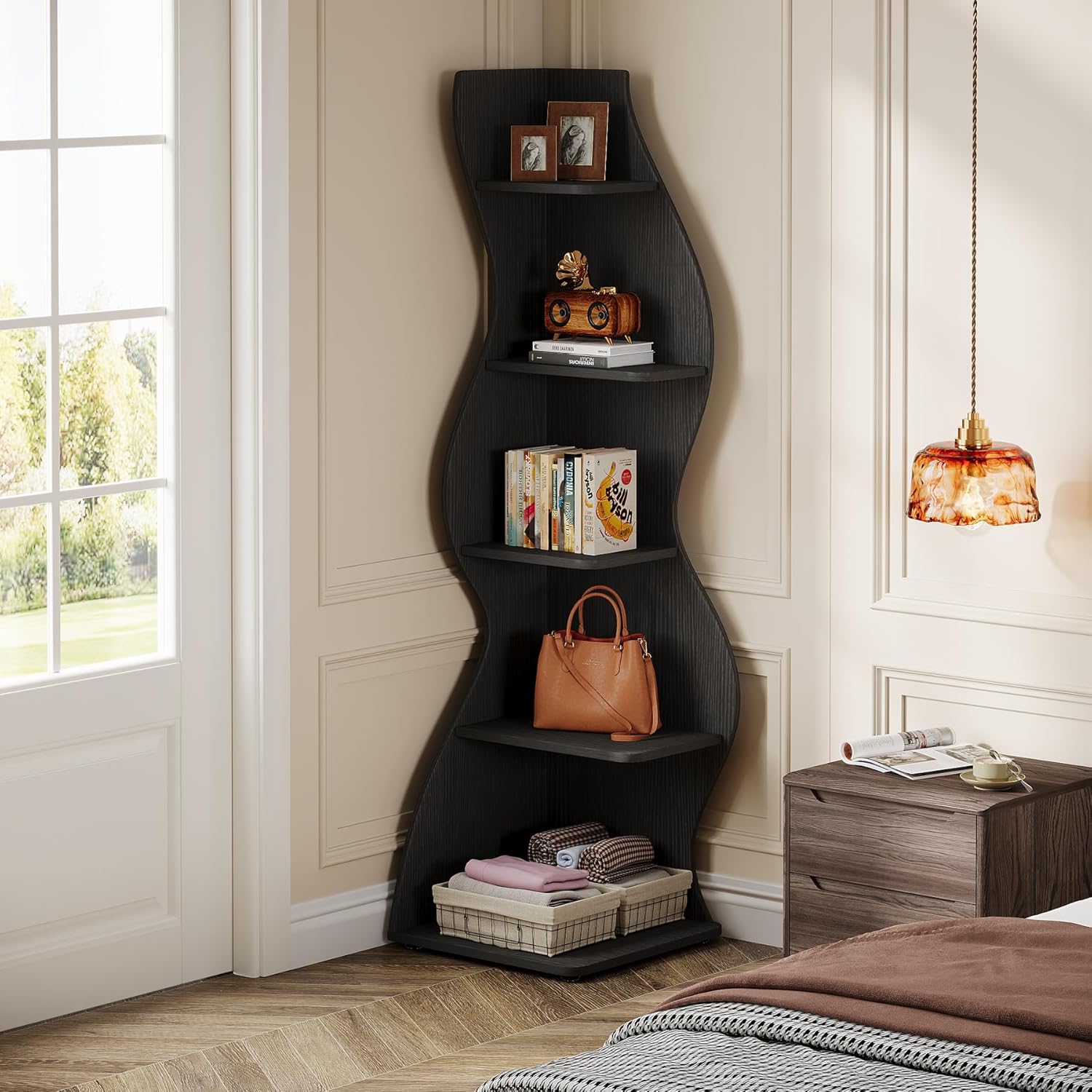 Tribesigns Wavy Corner Shelf, Modern 5-Tier Curved Bookshelf for Small Spaces