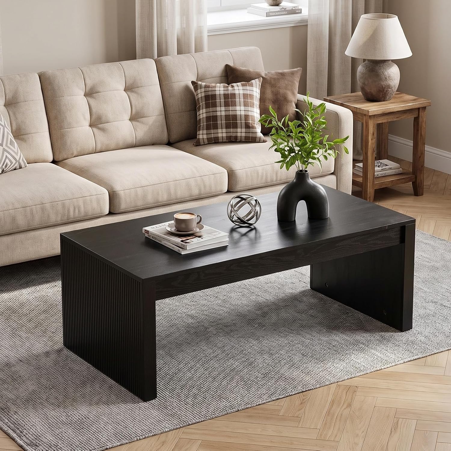 47" Modern Coffee Table, Rectangular Low Cocktail Tea Furniture with Fluted Base