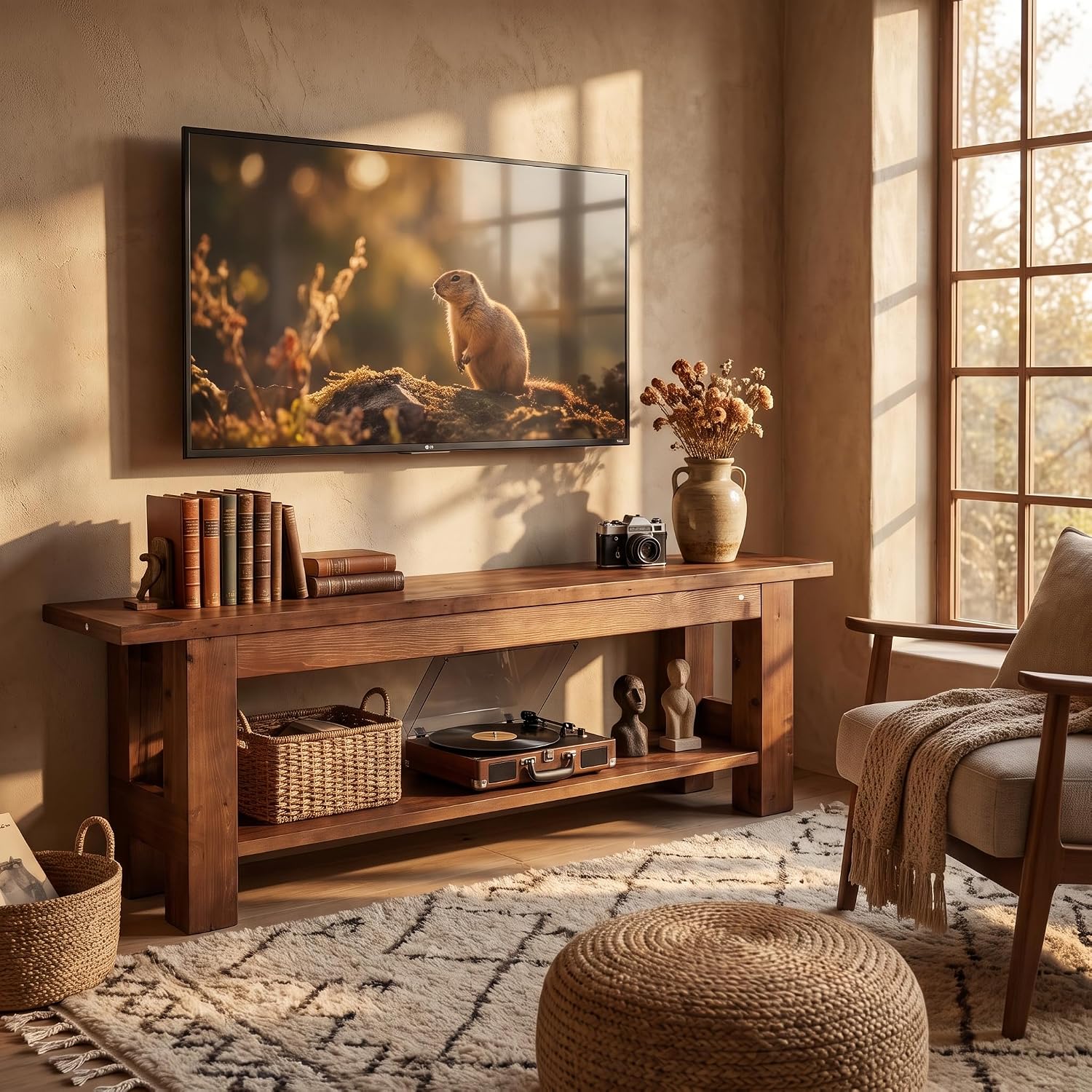 71" Rustic Solid Wood TV Stand for 75" TV, Entertainment Center with Storage Shelf