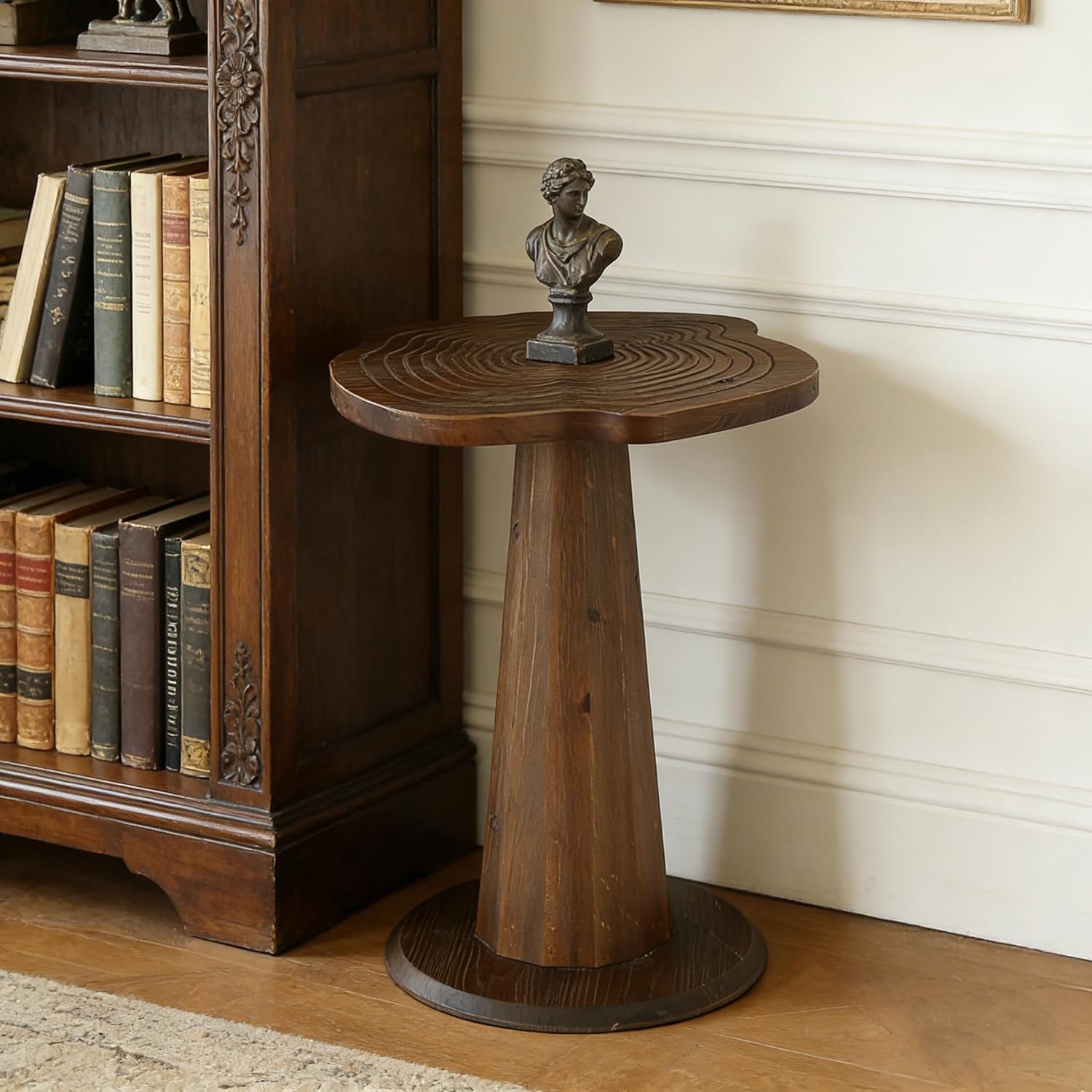 20.8" End Table, Solid Wood Round Pedestal Side Table with Tree-Ring Patterns