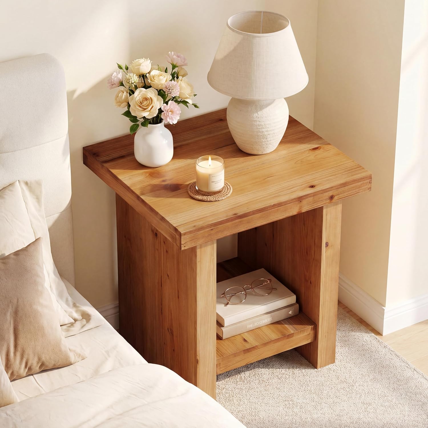 19.6" Solid Wood End Table, Farmhouse Side Table Nightstand with Open Storage