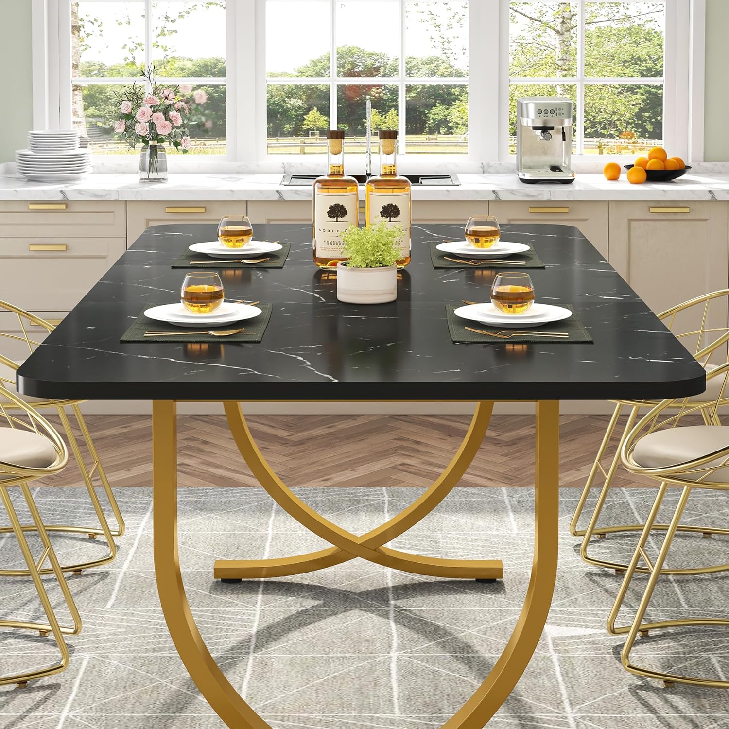 63" Modern Kitchen Table with Gold Metal Legs, Faux Marble Rectangular Dining Table