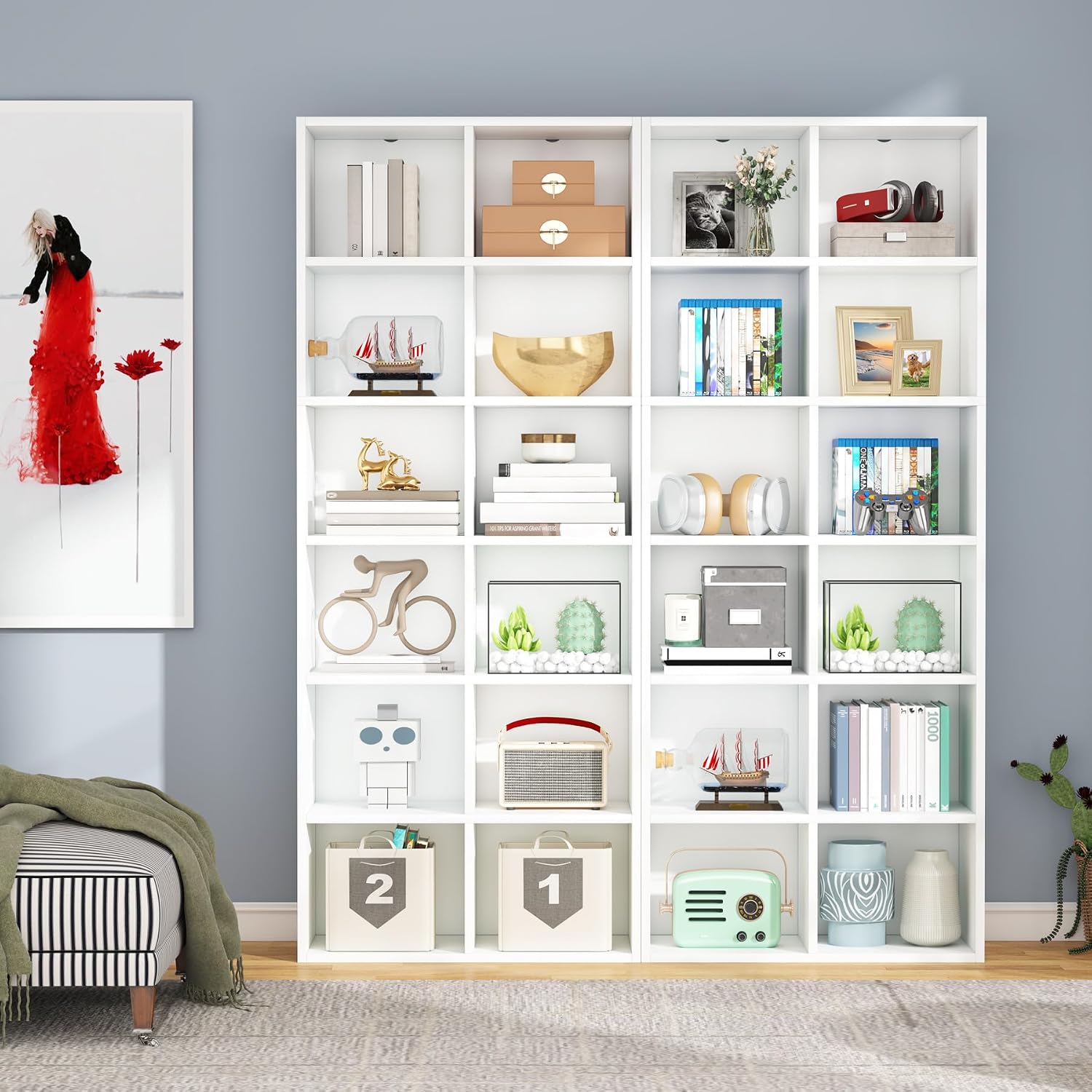 70.9" Bookcase, Modern Bookshelf with 12 Cube Storage