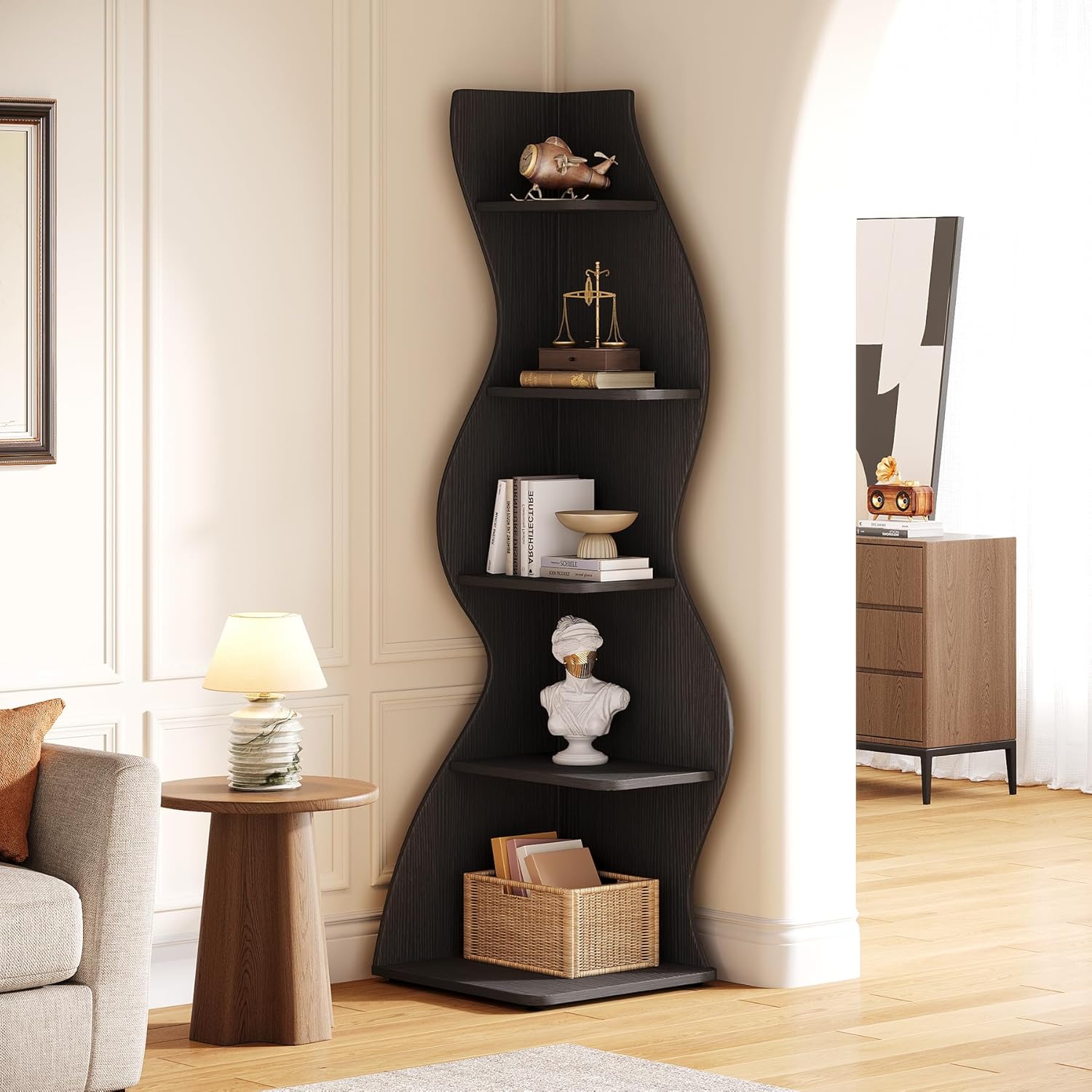 Tribesigns Wavy Corner Shelf, Modern 5-Tier Curved Bookshelf for Small Spaces