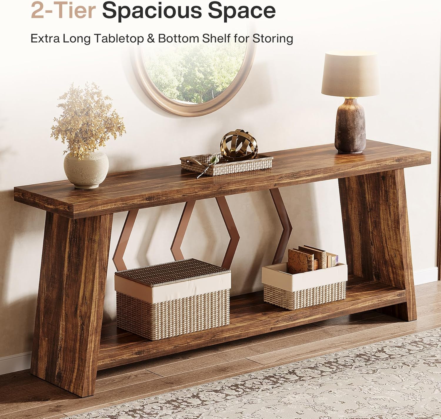 70.86" Extra Long Console Table, 2-Tier Wooden Sofa Table with Storage