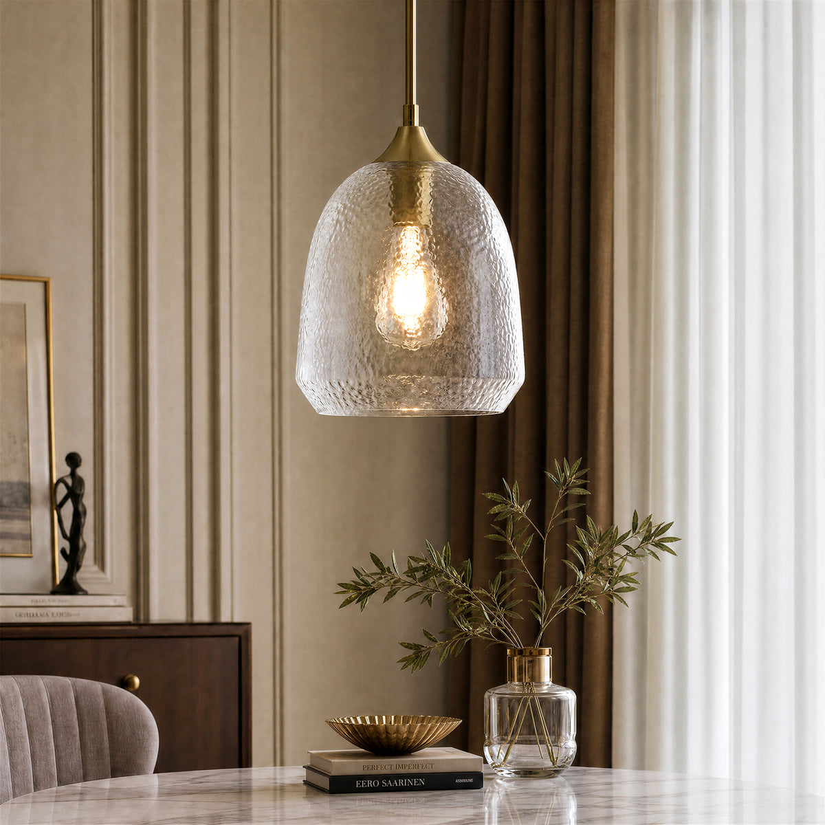 Tribesigns Modern Hammered Glass Pendant Light, Brass Island Light