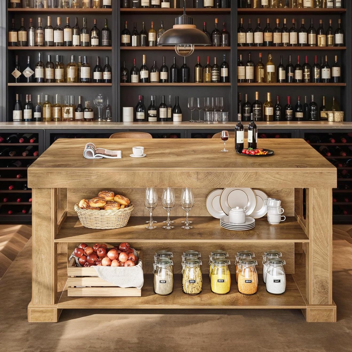 55" Counter Height Bar Table with Storage Shelves, Rectangular Kitchen Table for 6