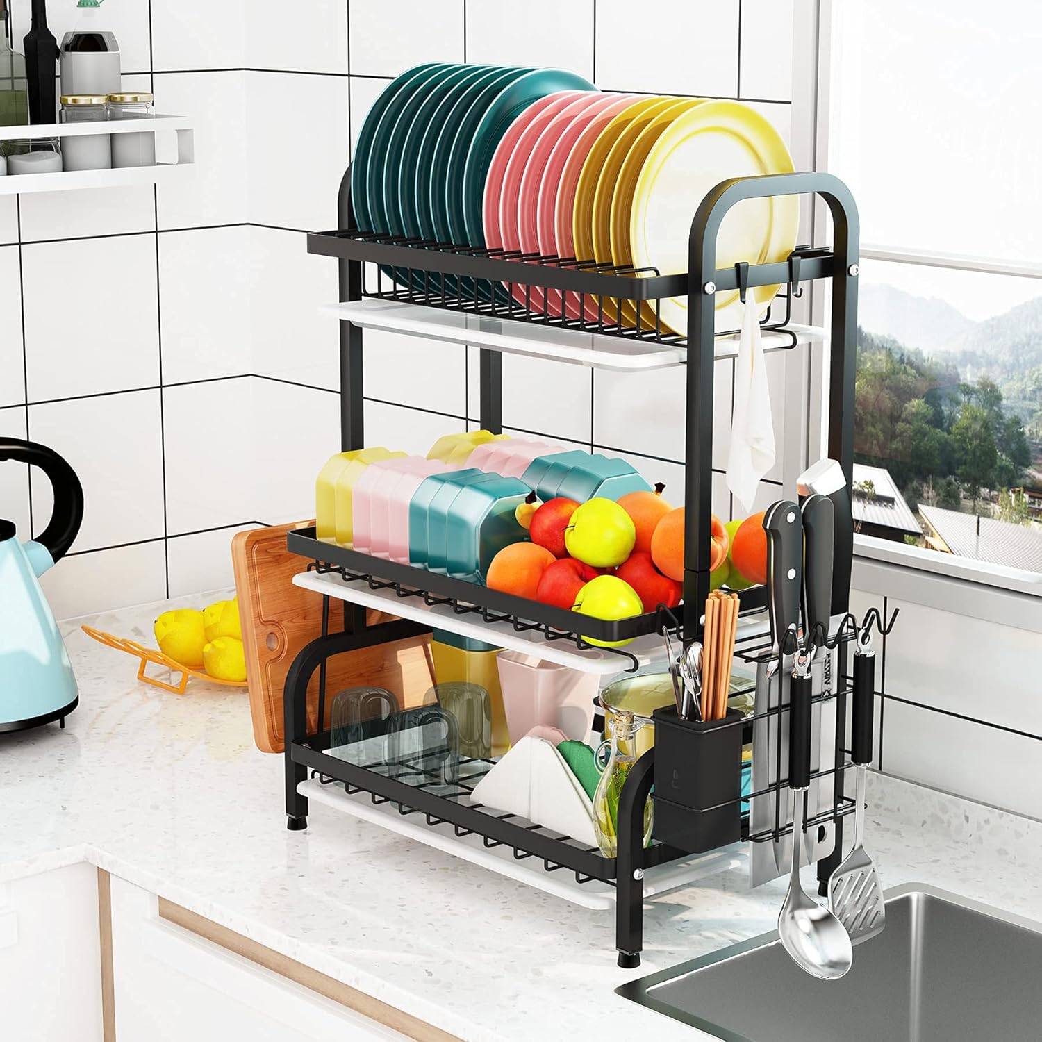 3-Tier Drying Rack, Capacity Dish Rack with Utensil Holder
