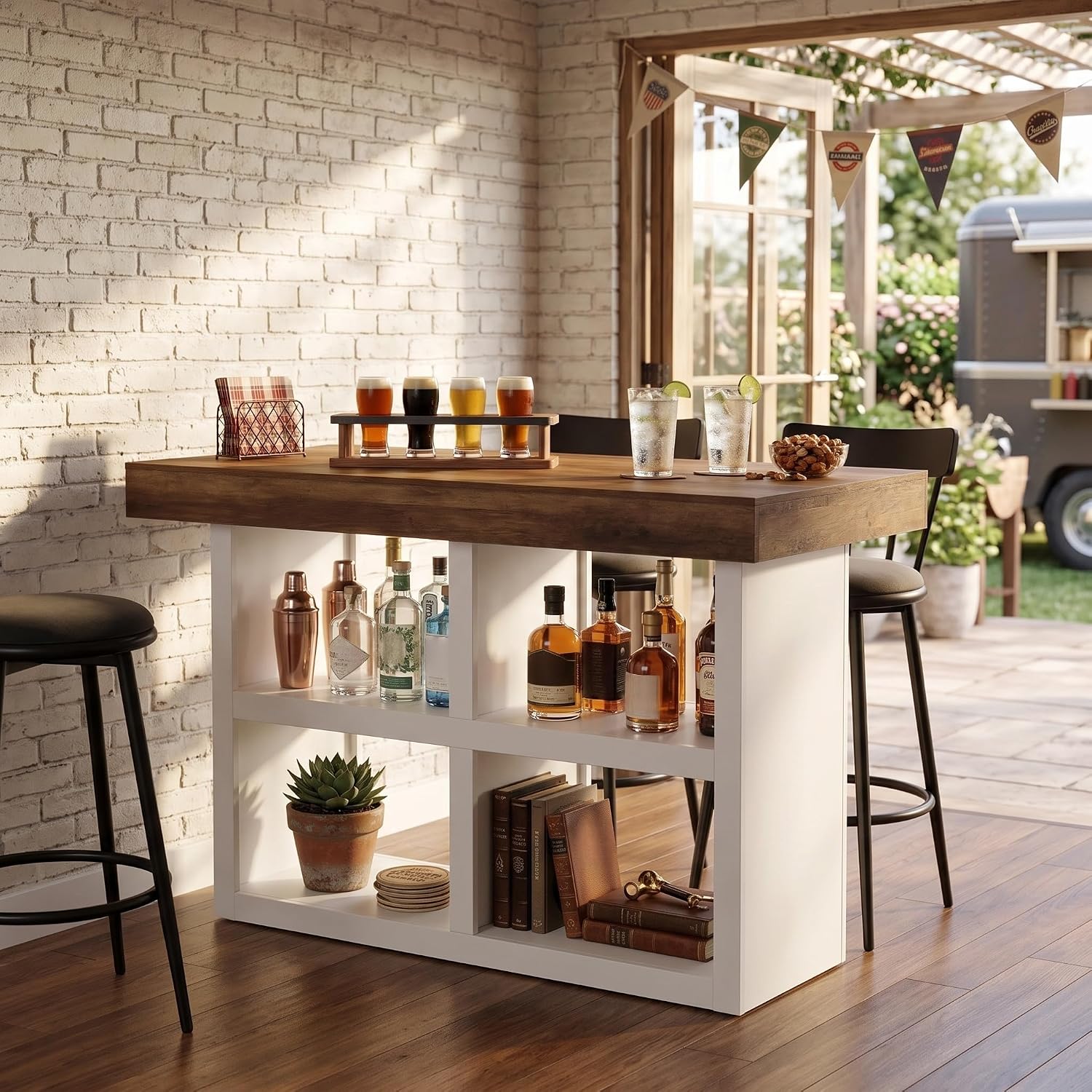 55" Counter Height Bar Table, 4 Open Storage Cubbies, Island Bar Station, Kitchen
