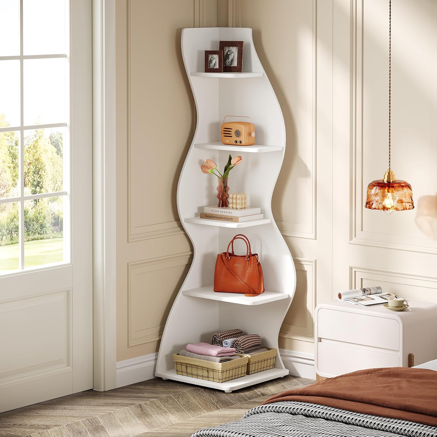 Tribesigns Wavy Corner Shelf, Modern 5-Tier Curved Bookshelf for Small Spaces