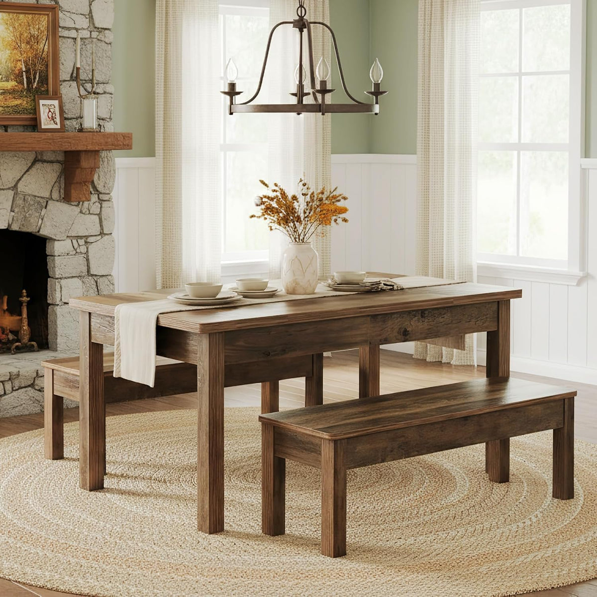 55" Farmhouse Kitchen Table Set for 4–6 People, 3 Piece Space Saving Dining Table with 2 Benches