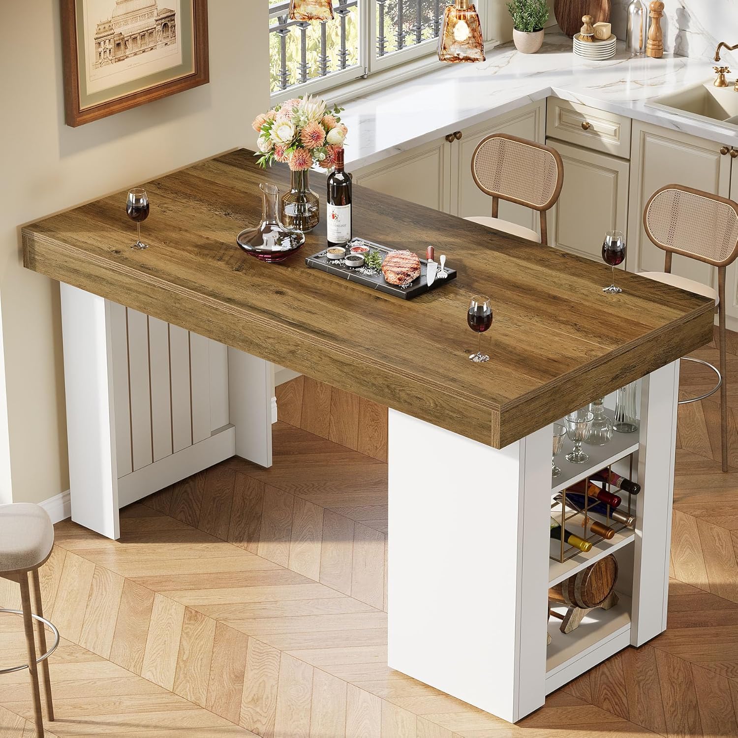 55" Bar Table, Farmhouse Counter Height Table with 3-Tier Storage Shelves
