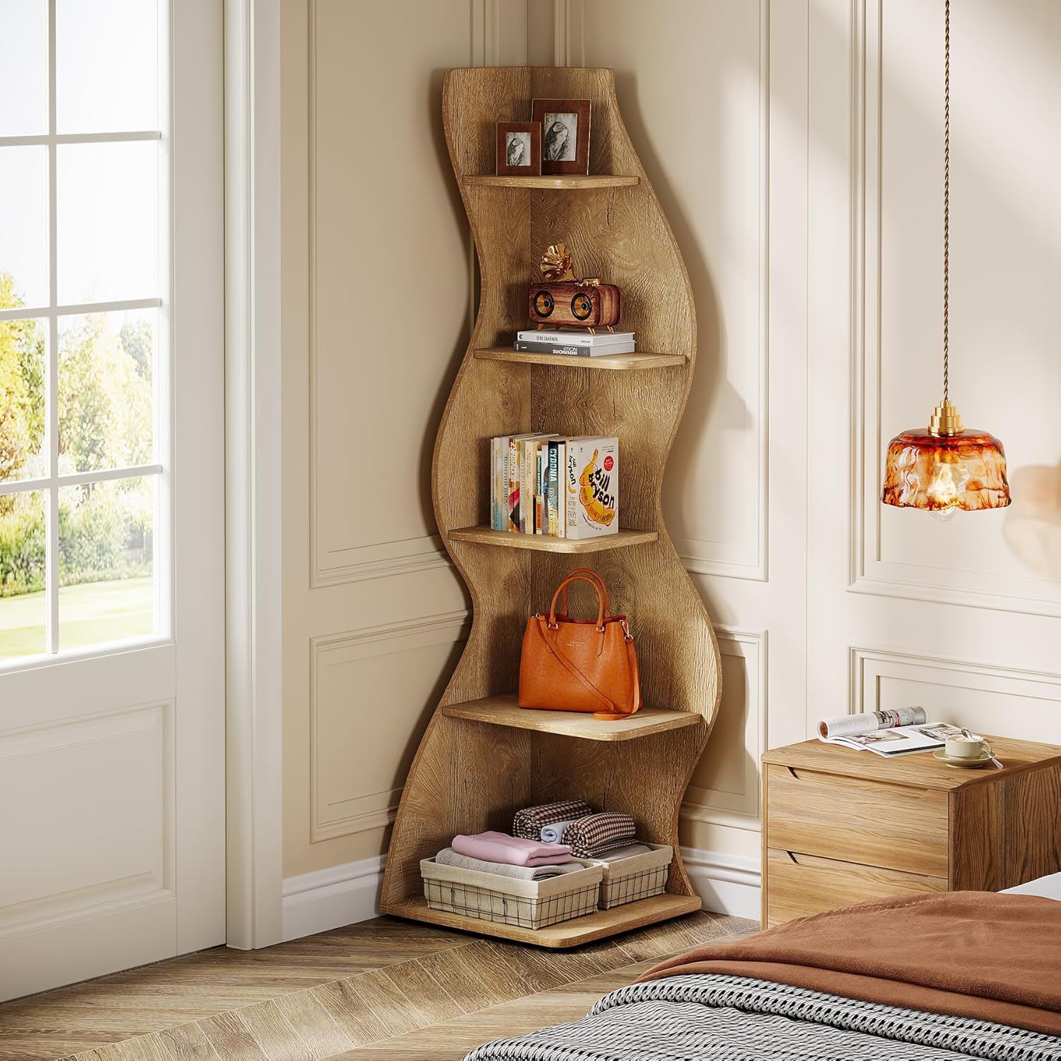 Tribesigns Wavy Corner Shelf, Modern 5-Tier Curved Bookshelf for Small Spaces