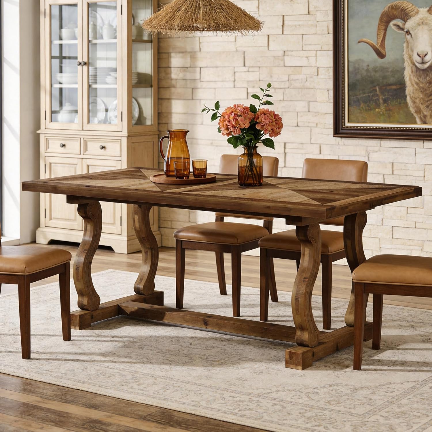 63" Solid Wood Farmhouse Dining Table for 4–6, Rectangular Kitchen Table with Parquetry Top & Scroll Legs