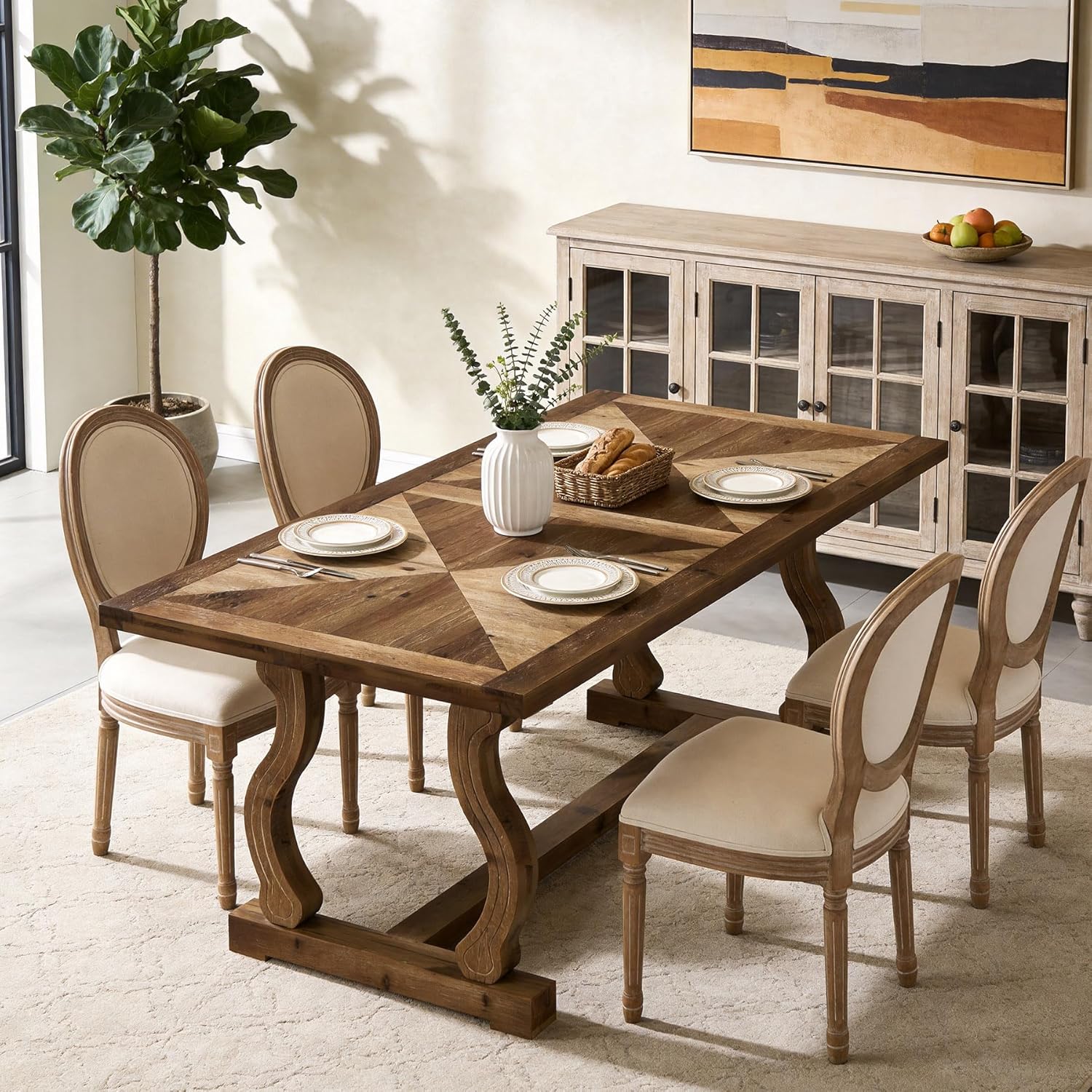 63" Solid Wood Farmhouse Dining Table for 4–6, Rectangular Kitchen Table with Parquetry Top & Scroll Legs