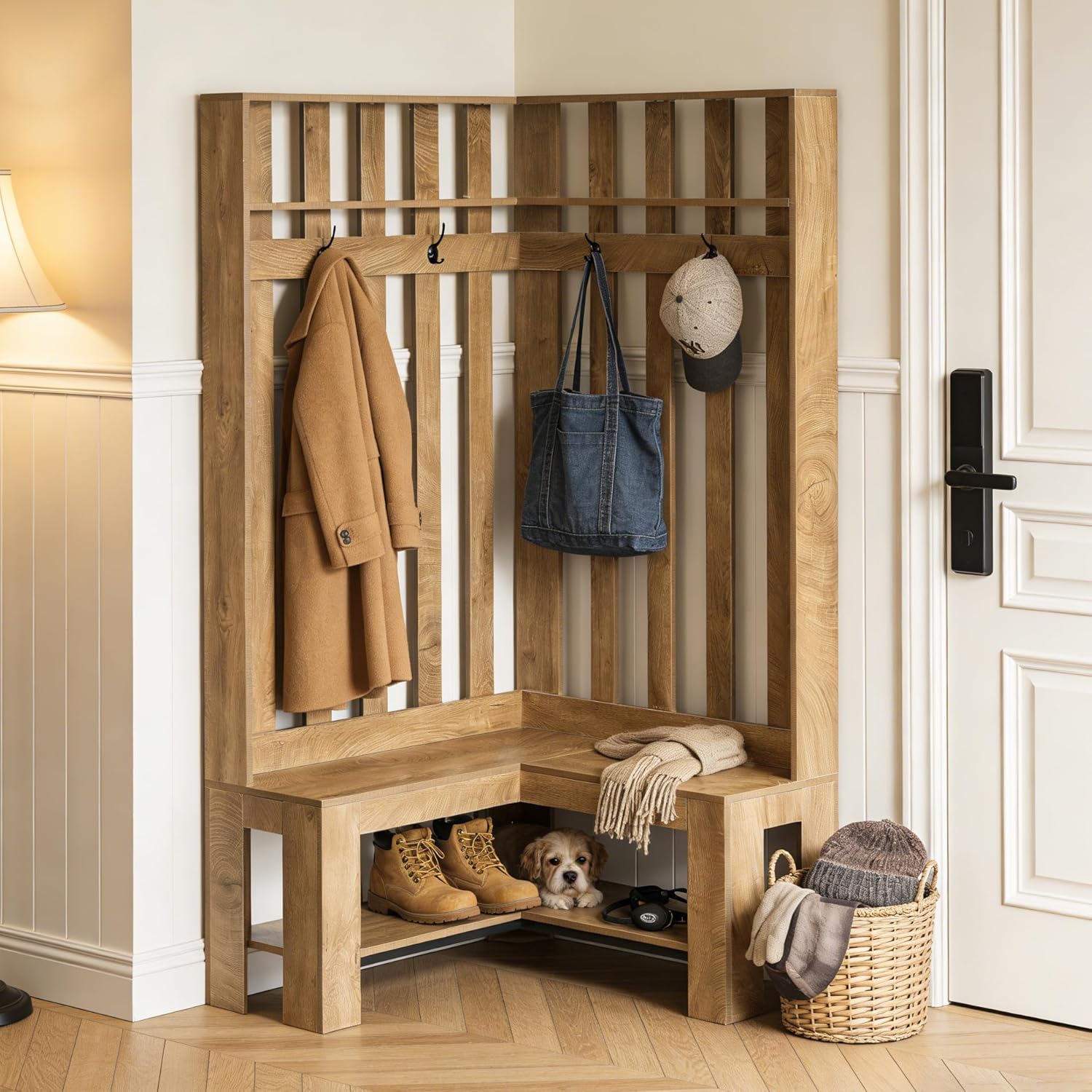 70.8" L-Shaped Coat Rack, Corner Hall Tree with 4 Hooks & Shoe Storage