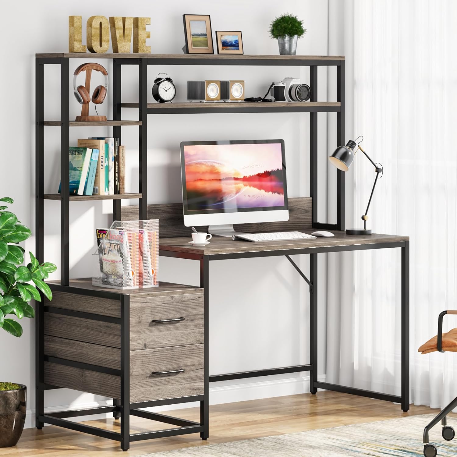 Tribesigns 55 Inch Computer Desk with Storage Shelves, Rustic Office Desk with Drawers