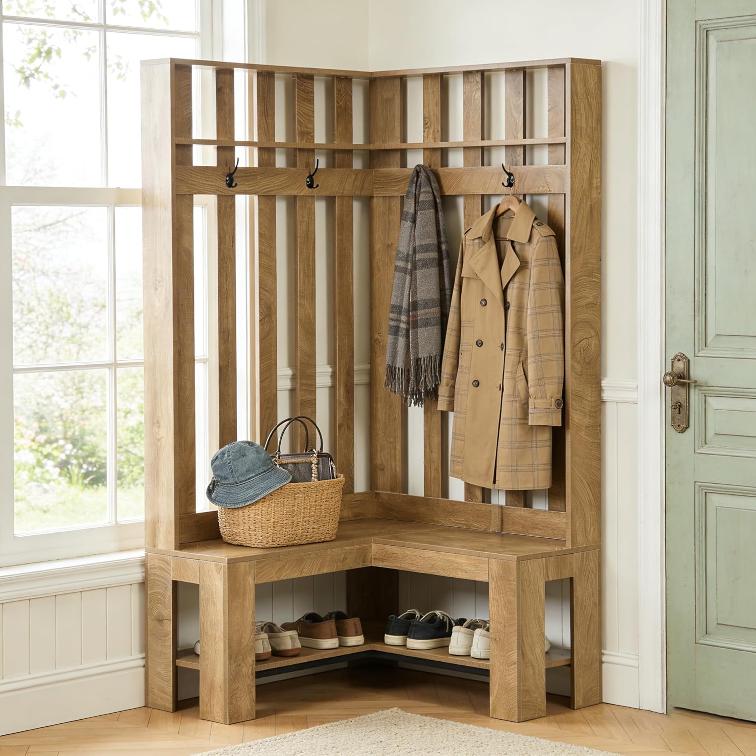 70.8" L-Shaped Coat Rack, Corner Hall Tree with 4 Hooks & Shoe Storage