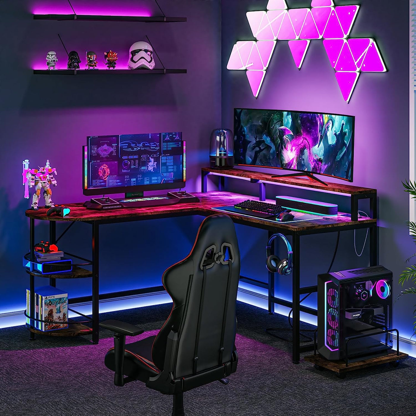 Tribesigns L Shaped Gaming Computer Desk with LED Strip & Shelves