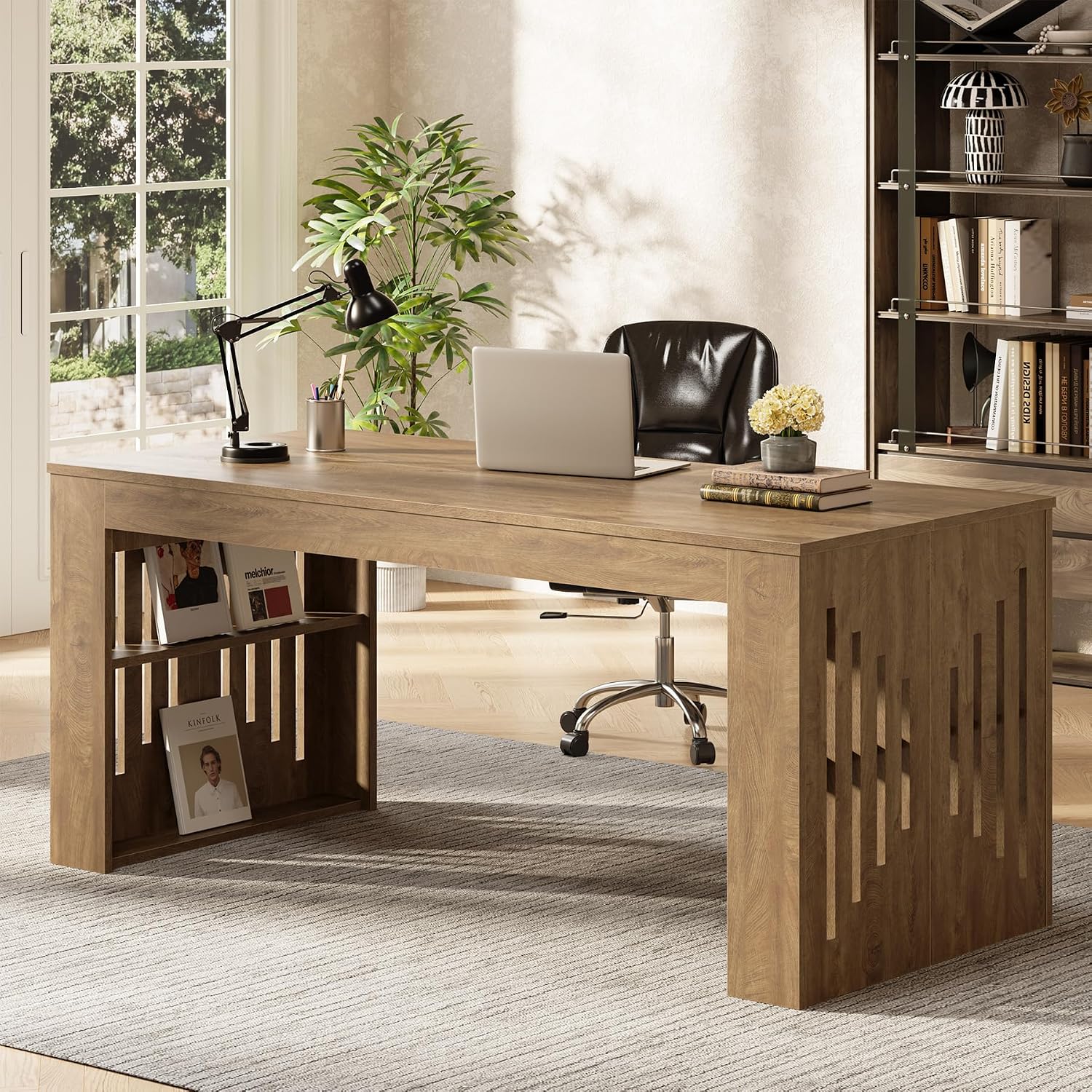 63" Executive Desk, Farmhouse Computer Desk with Drawers & Side Storage Shelf