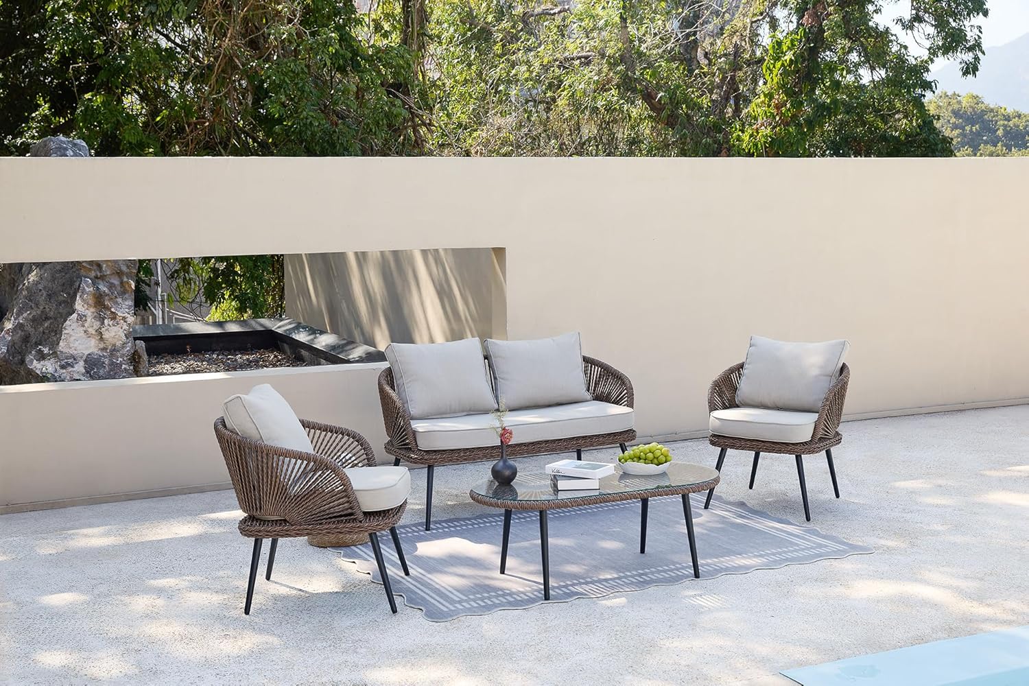 4-Piece Rattan Outdoor Patio Furniture Set with Removable Cushions and Coffee Table
