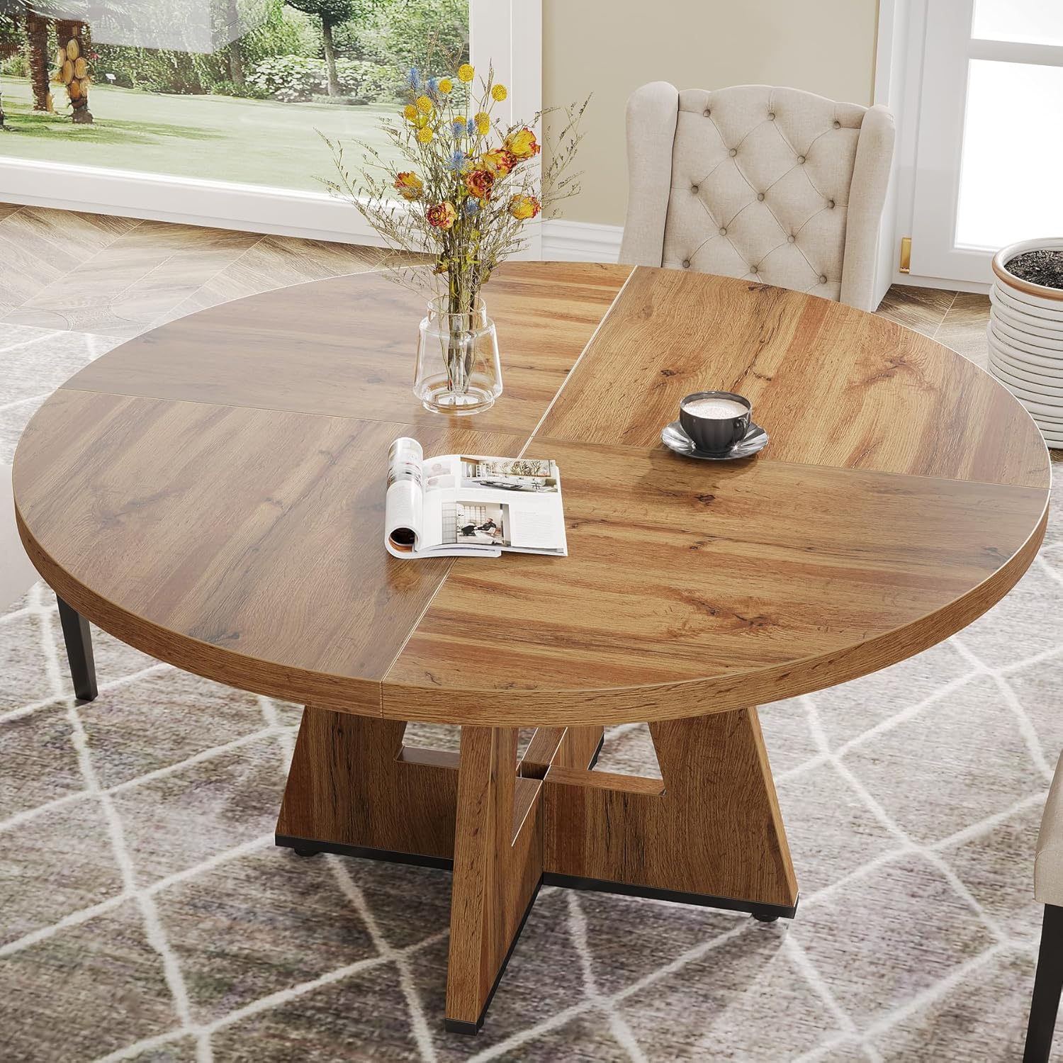 47-Inch Round Farmhouse Dining Table for 4–6 with Cross-Style Pedestal Base